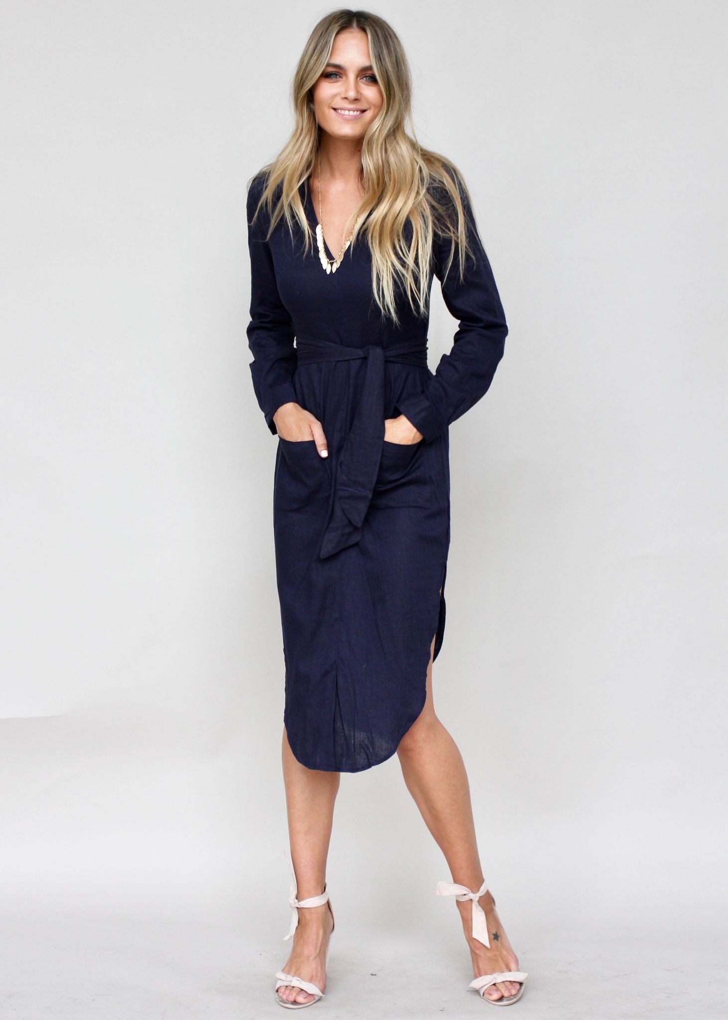 Meant For You Linen Midi Dress w/ Tie - Navy