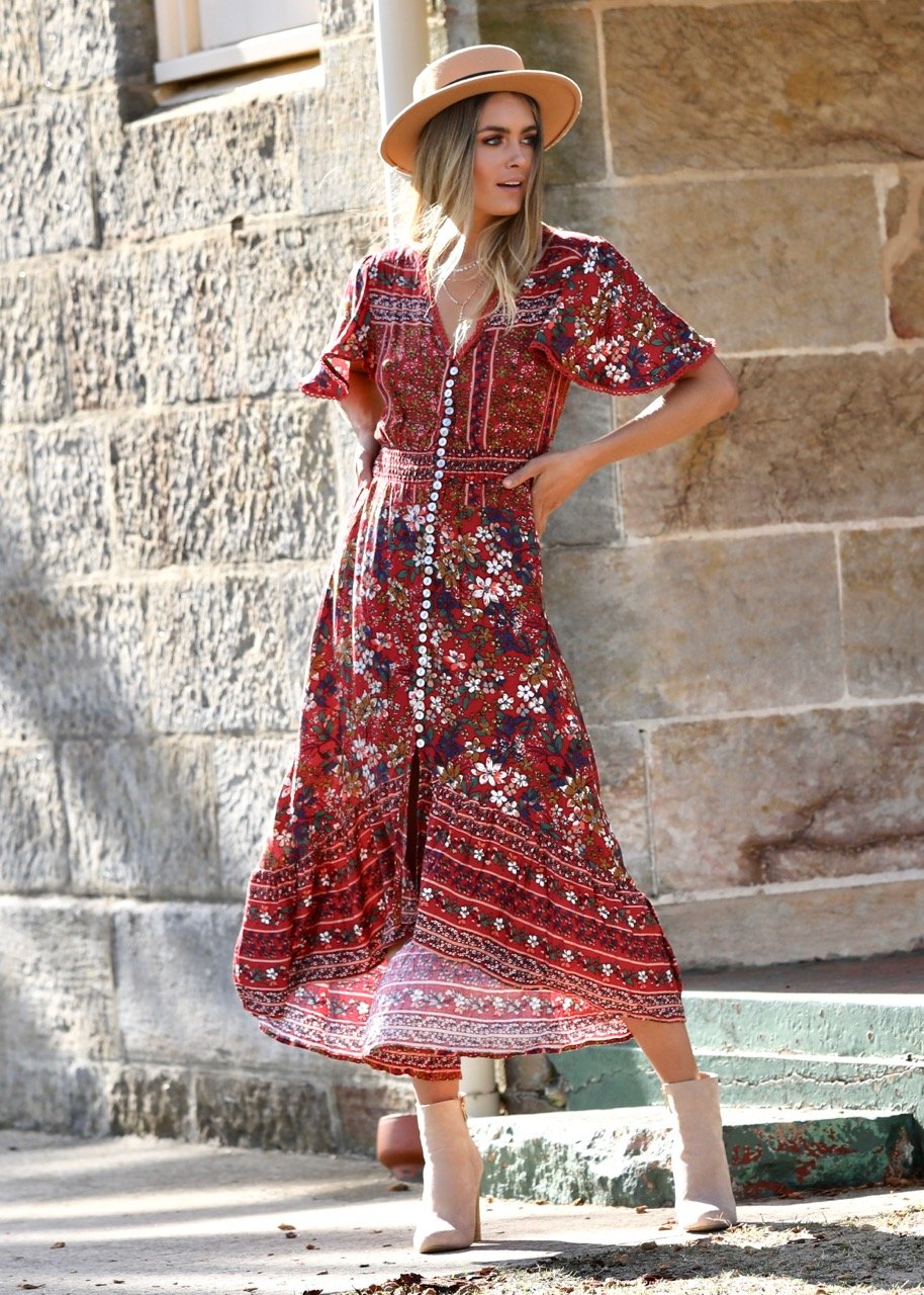 Leaving California Midi Dress - Red Floral