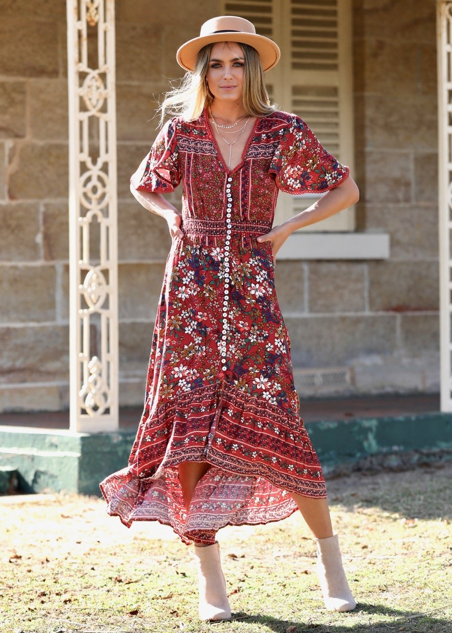 Leaving California Midi Dress - Red Floral