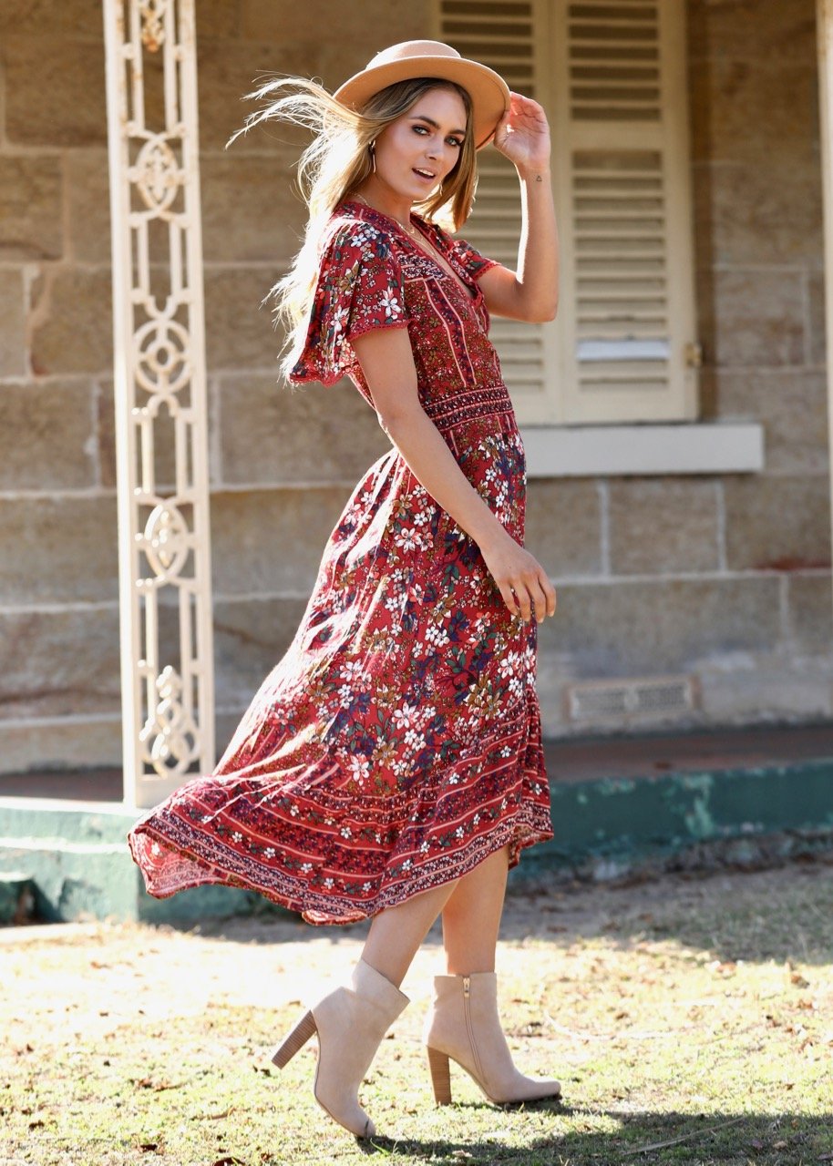 Leaving California Midi Dress - Red Floral