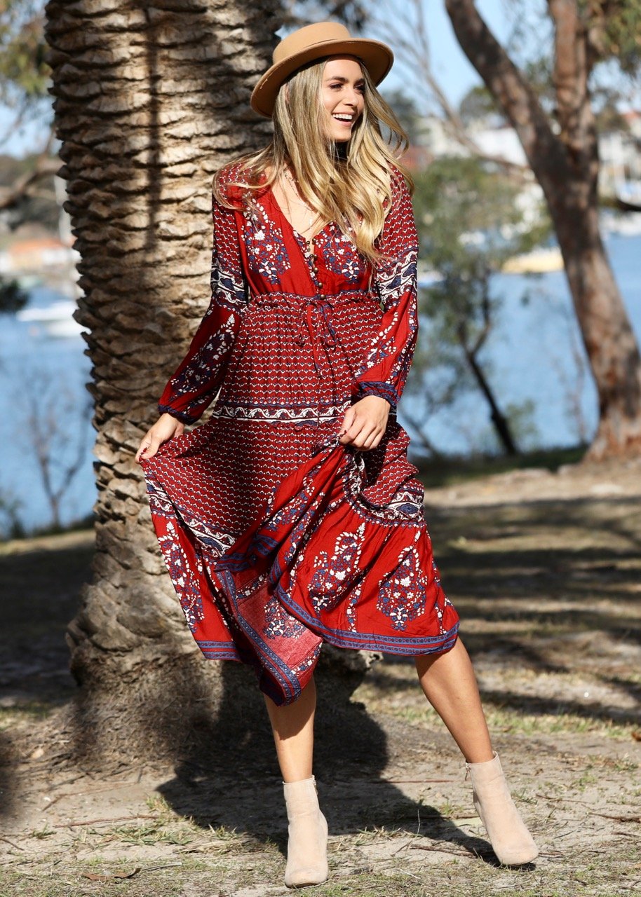Call It Love Midi Dress - Burgundy Paisley