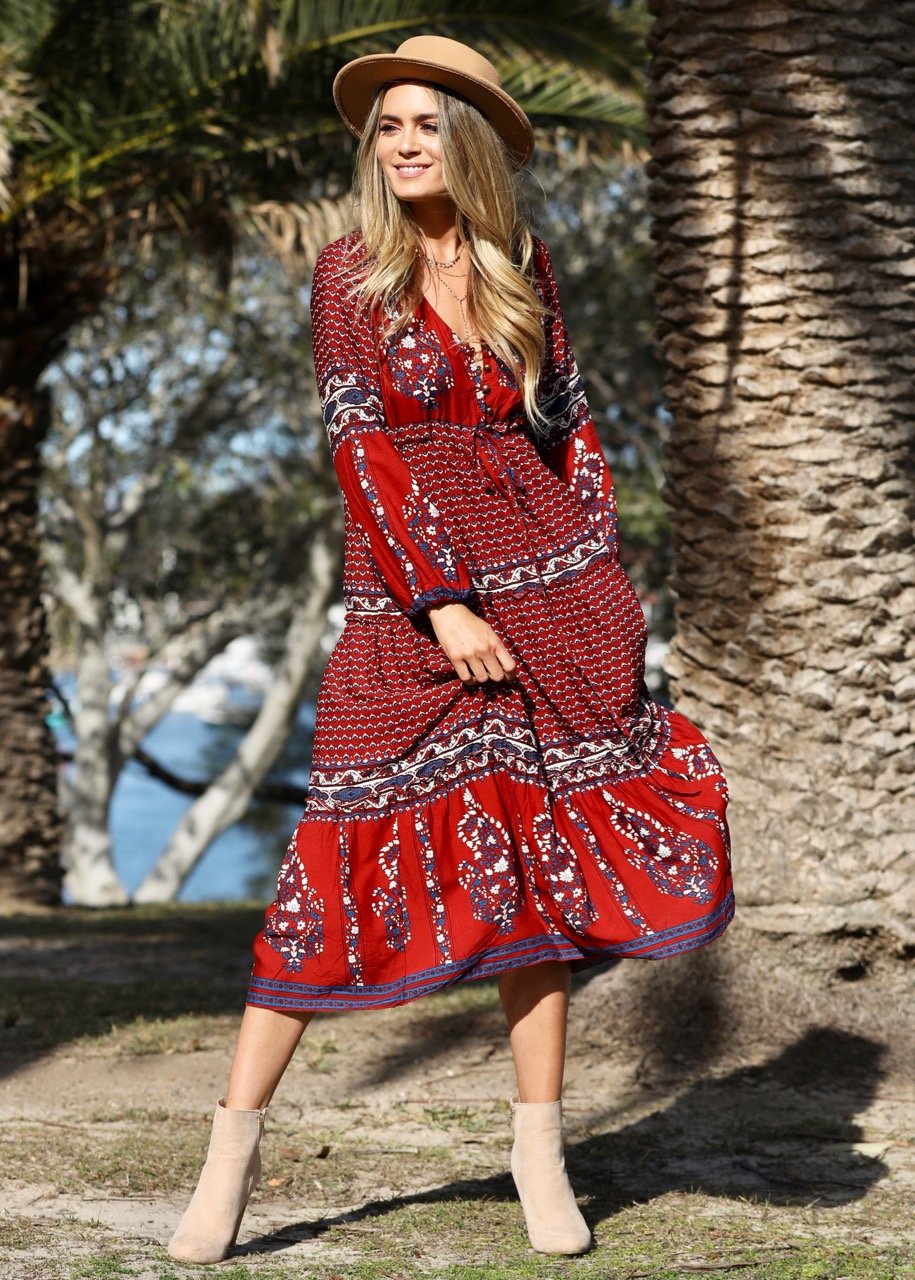 Call It Love Midi Dress - Burgundy Paisley