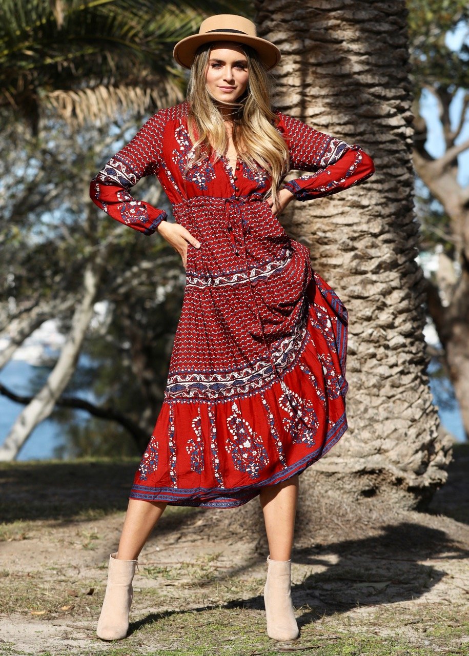 Call It Love Midi Dress - Burgundy Paisley