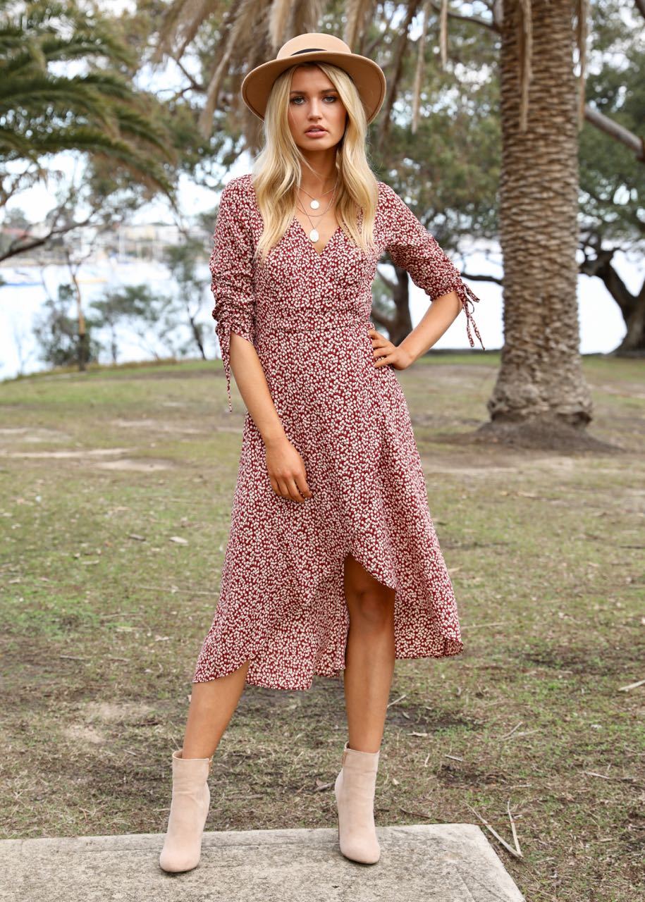 Light Fields Wrap Dress - Maroon Floral