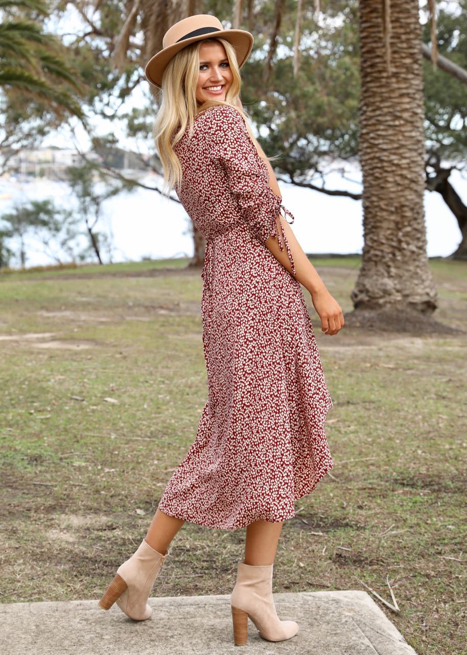 Light Fields Wrap Dress - Maroon Floral