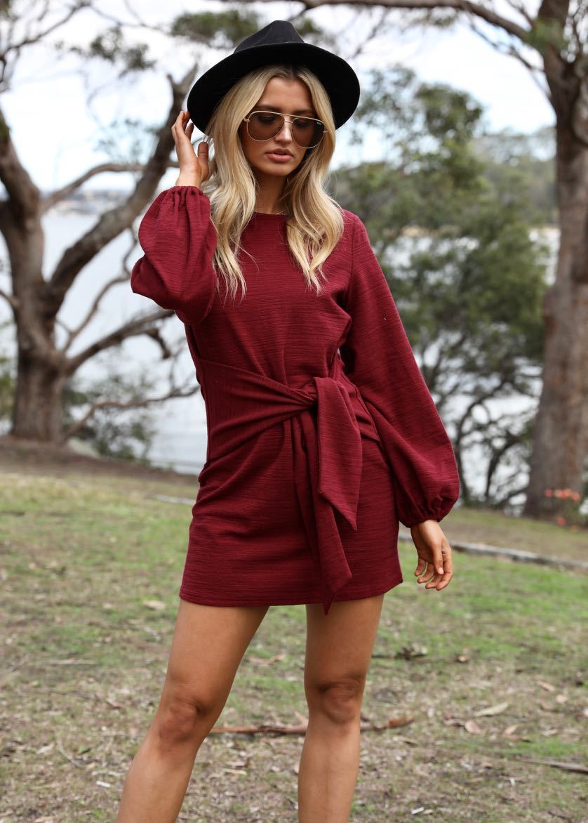 Flashing Lights Knit Dress - Wine