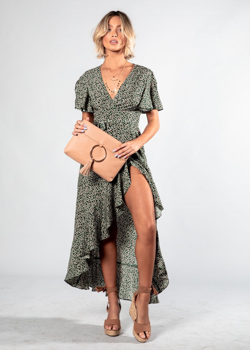 First Look Wrap Midi Dress - Green Floral