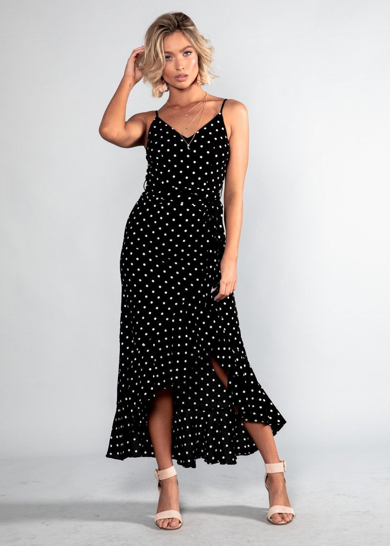Sweet Fling Midi Dress - Black Polka