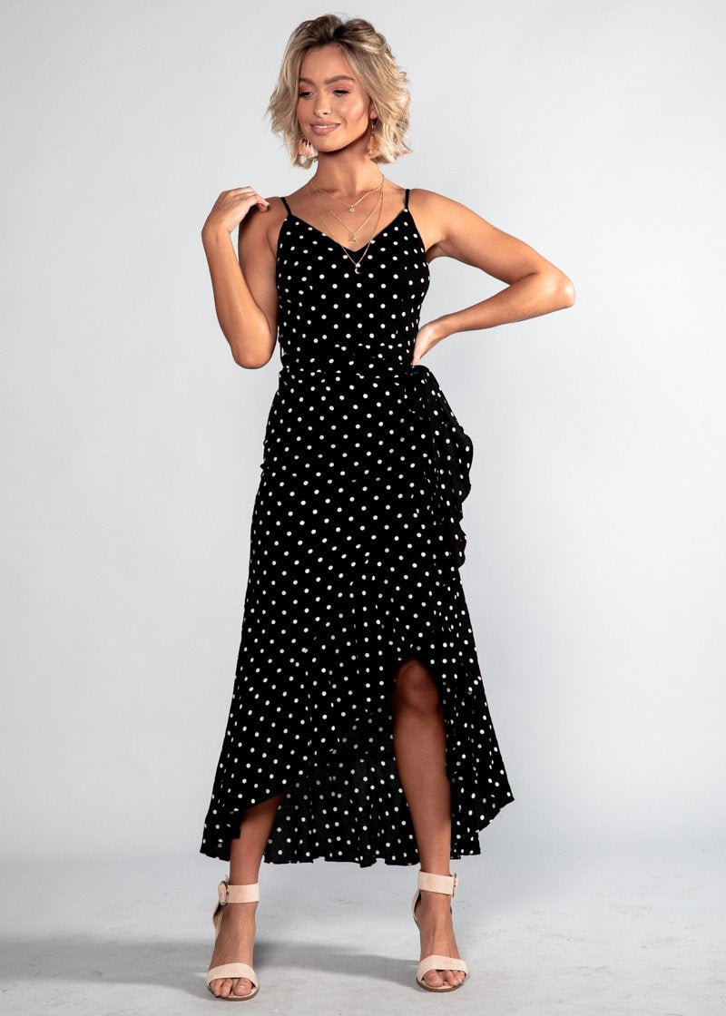 Sweet Fling Midi Dress - Black Polka