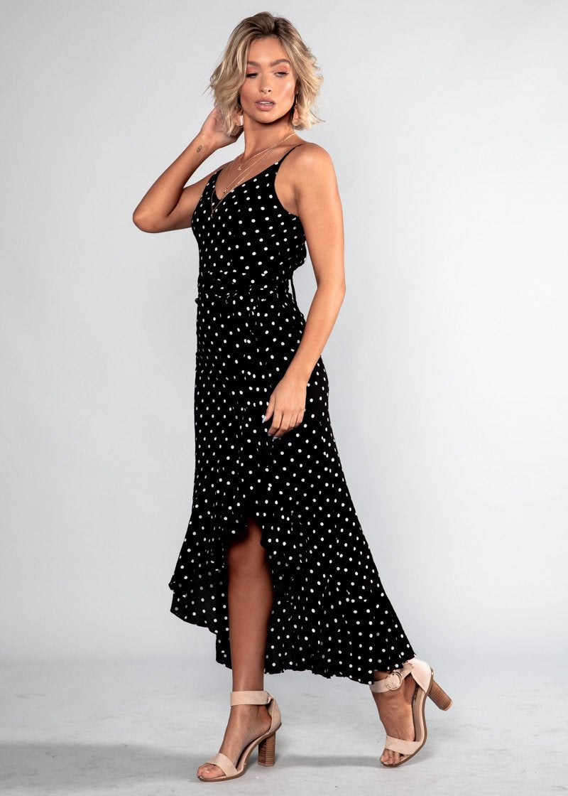 Sweet Fling Midi Dress - Black Polka