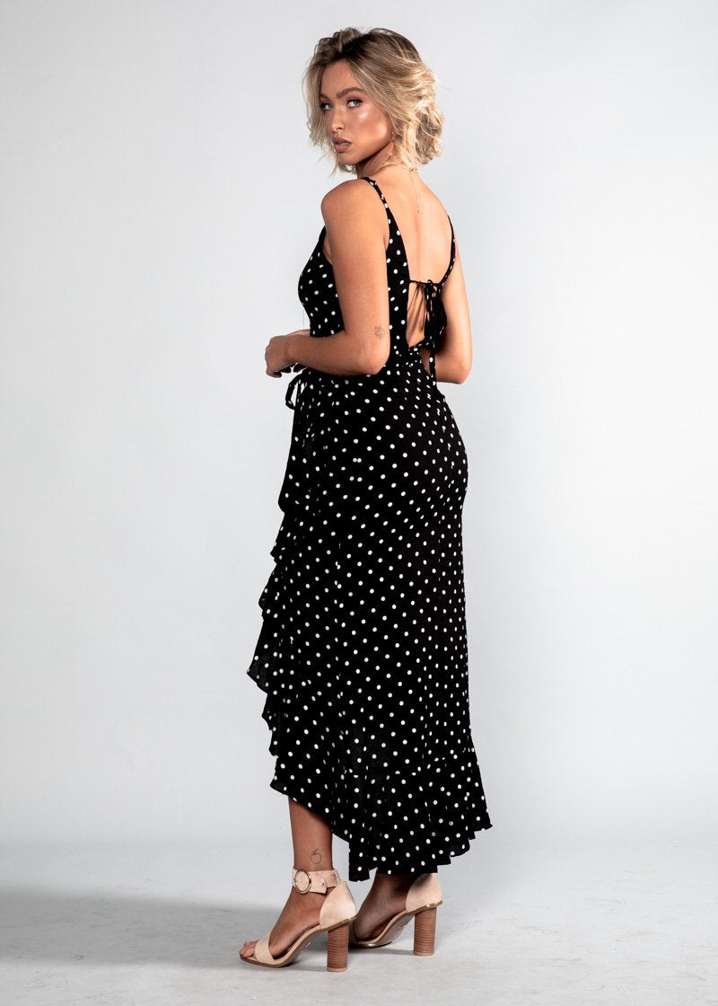Sweet Fling Midi Dress - Black Polka