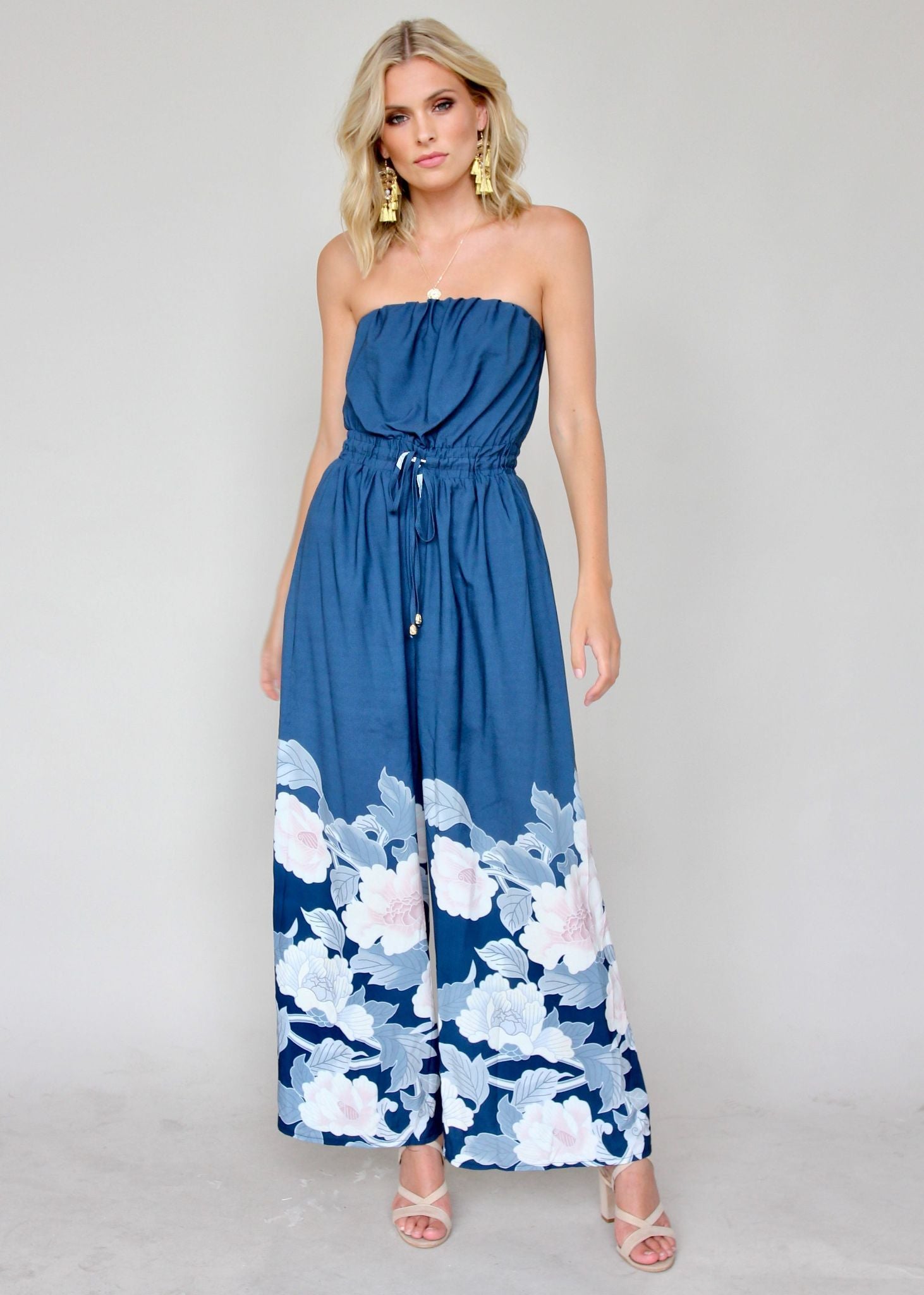 Luminous Love Strapless Pantsuit - Blue Floral