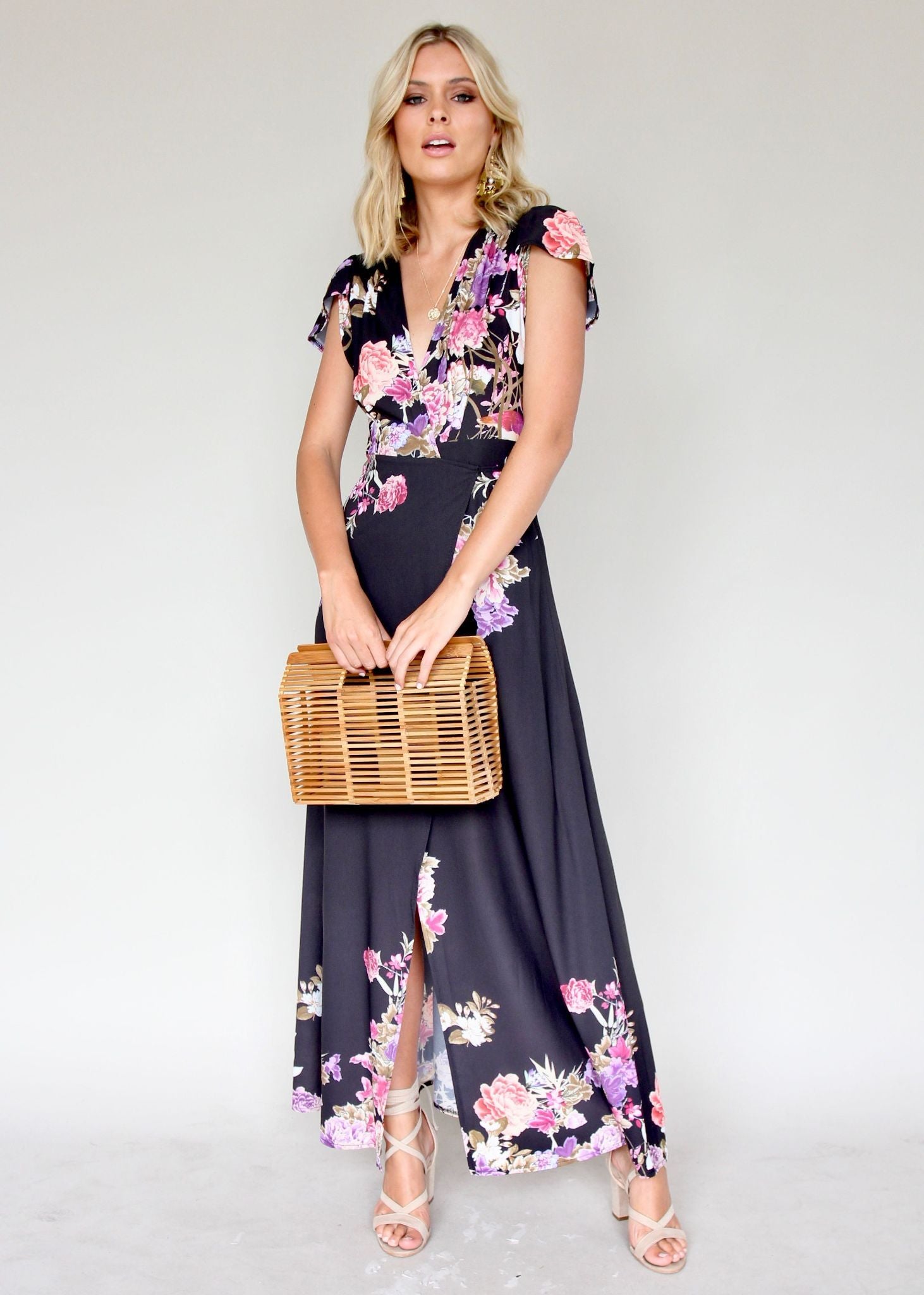 South Branch Wrap Maxi Dress - Black Botanica