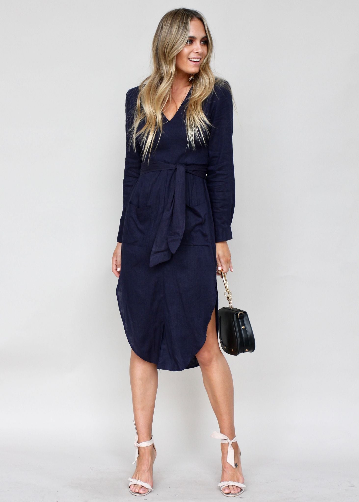 Meant For You Linen Midi Dress w/ Tie - Navy