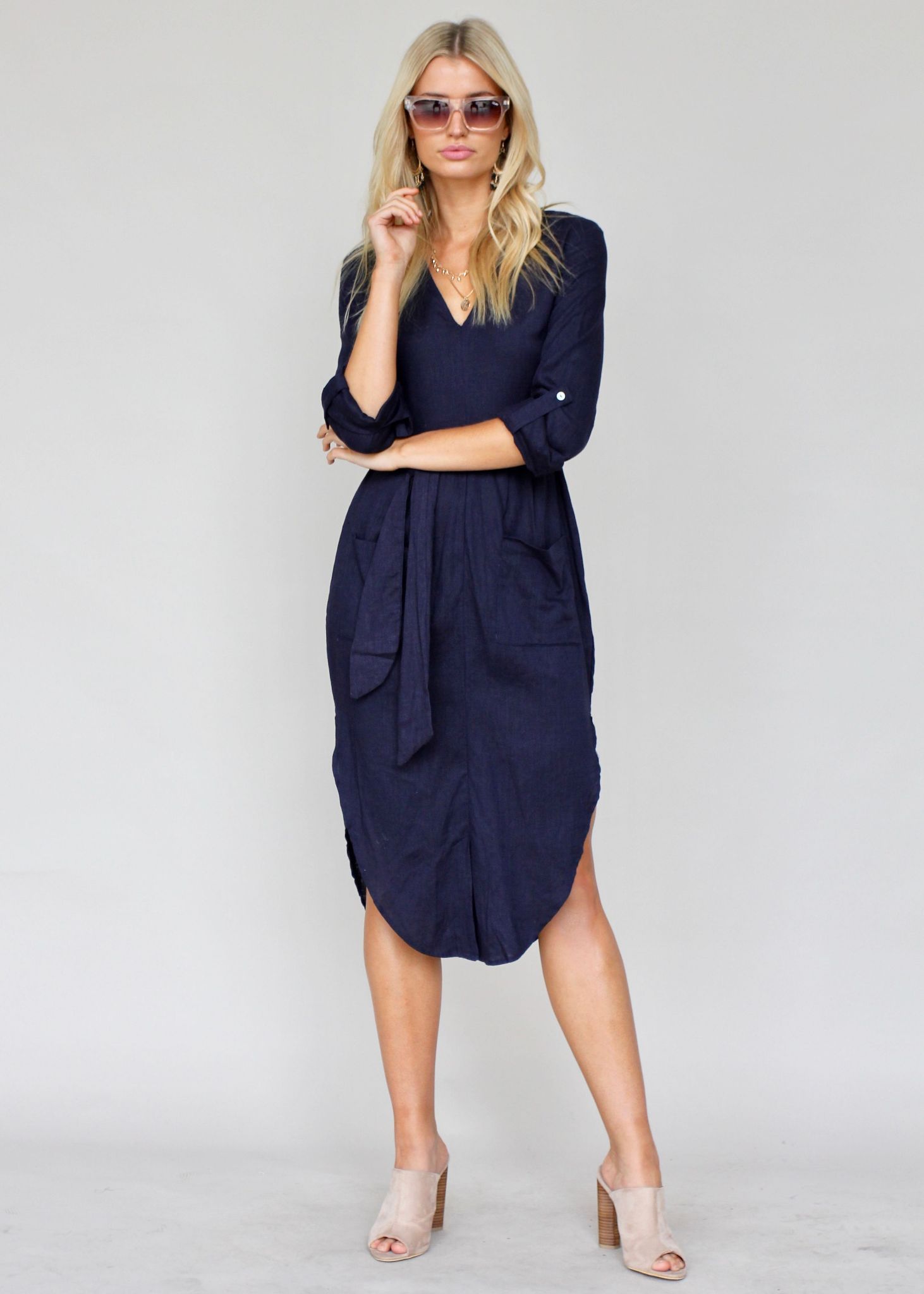 Meant For You Linen Midi Dress w/ Tie - Navy