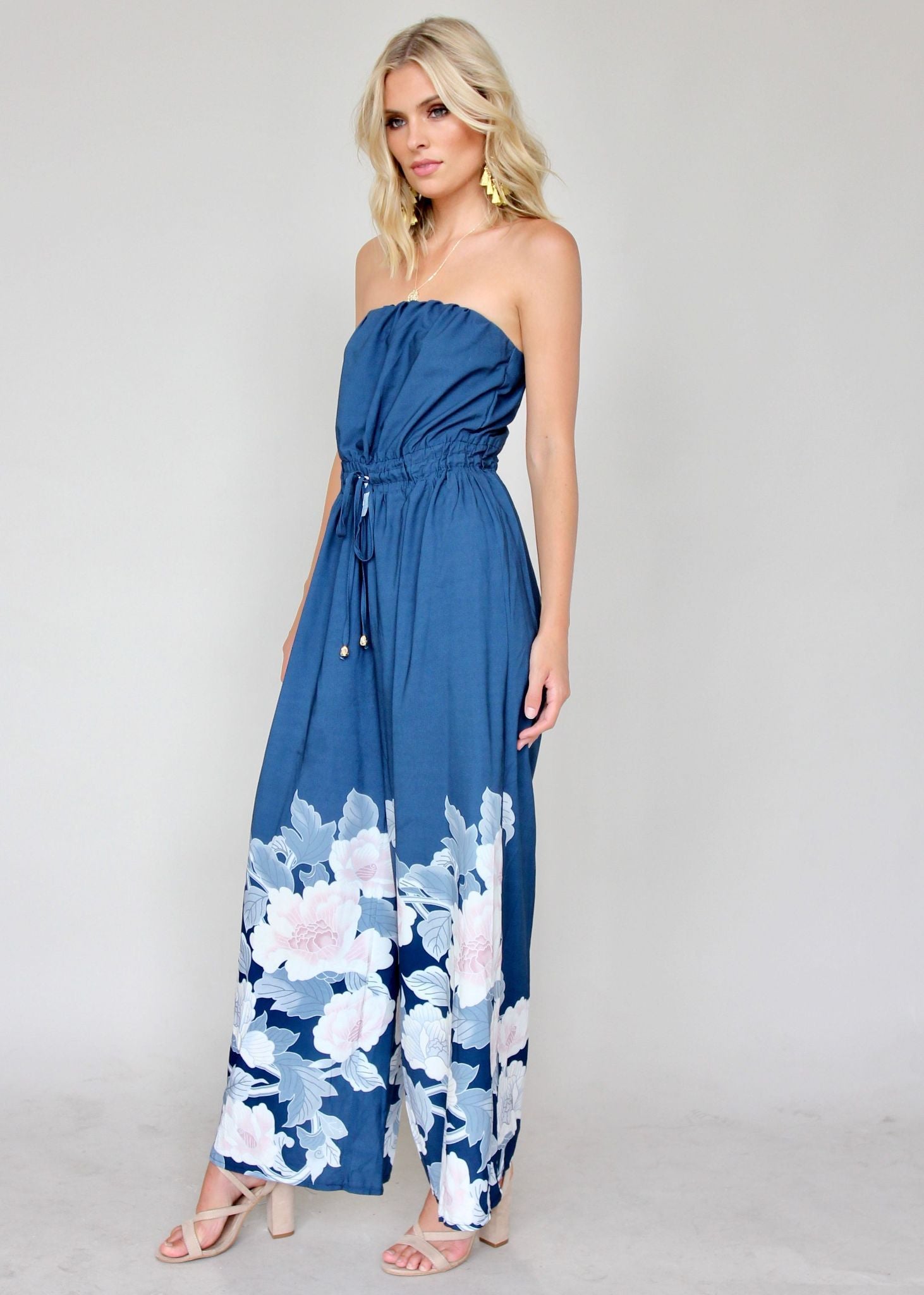 Luminous Love Strapless Pantsuit - Blue Floral