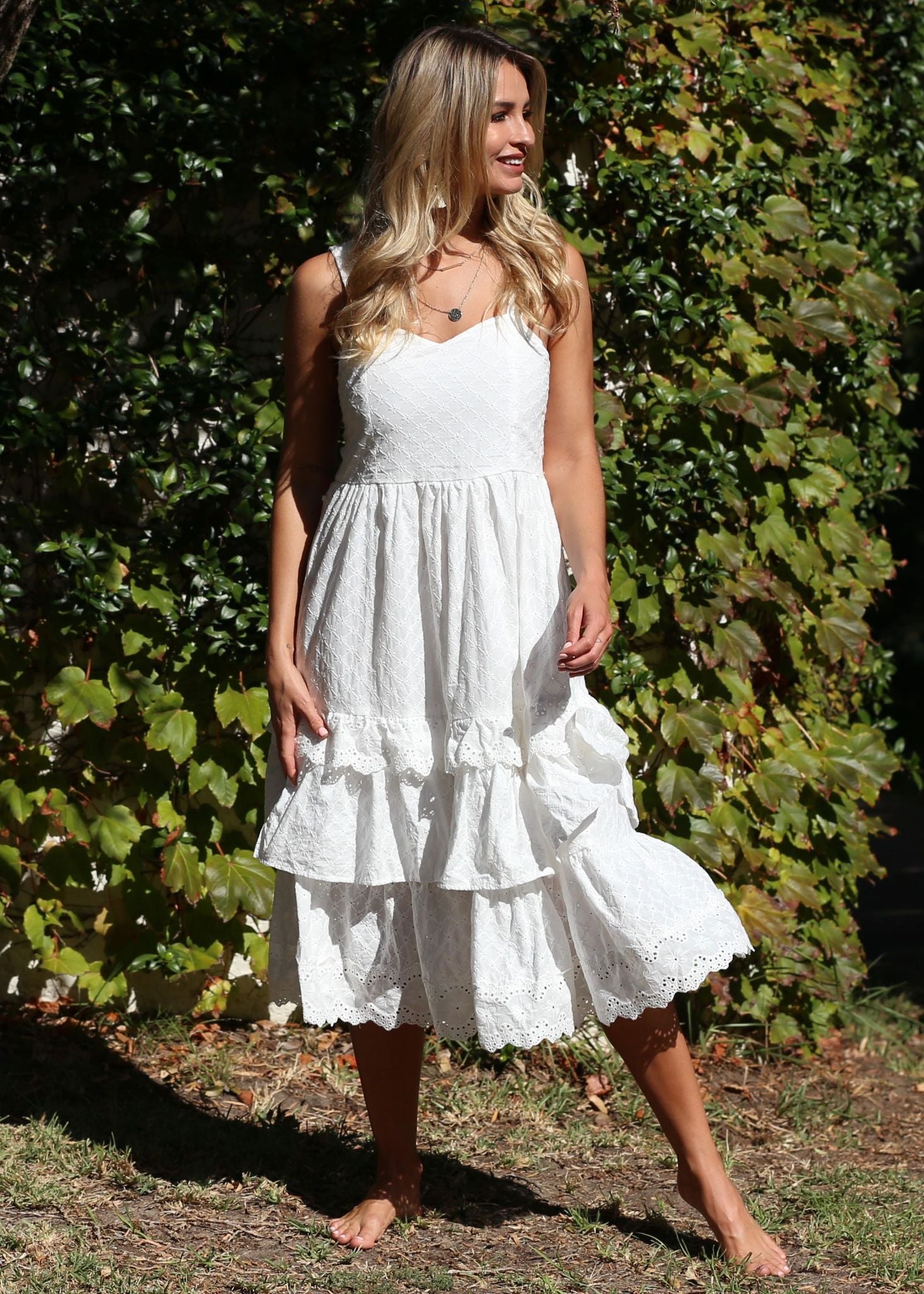 Annie Swing Midi Dress - White Emboidered