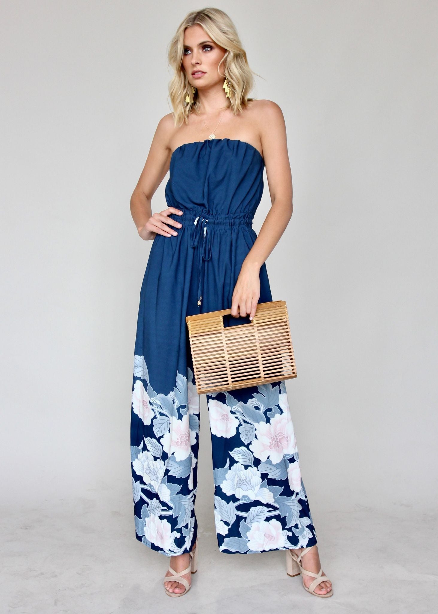 Luminous Love Strapless Pantsuit - Blue Floral