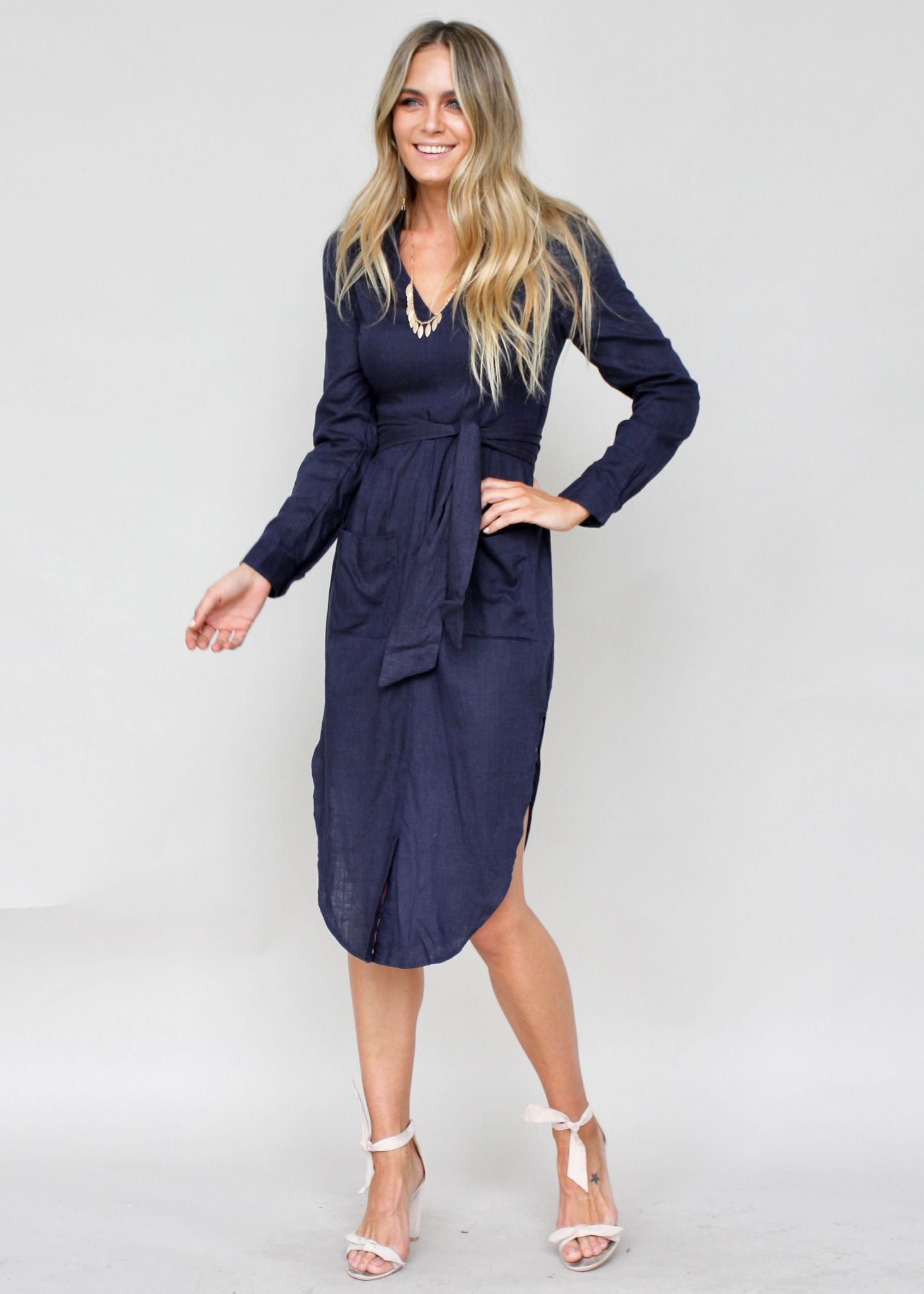 Meant For You Linen Midi Dress w/ Tie - Navy