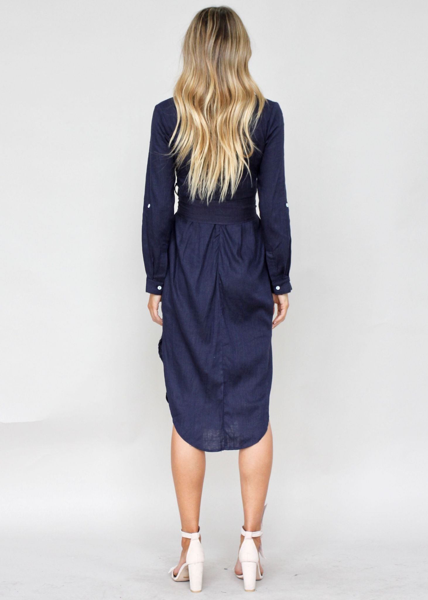 Meant For You Linen Midi Dress w/ Tie - Navy
