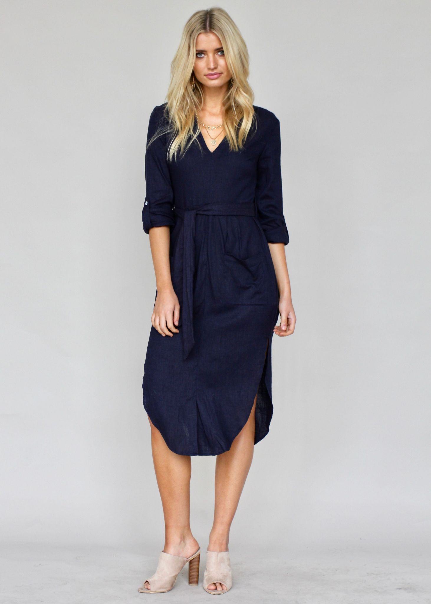 Meant For You Linen Midi Dress w/ Tie - Navy
