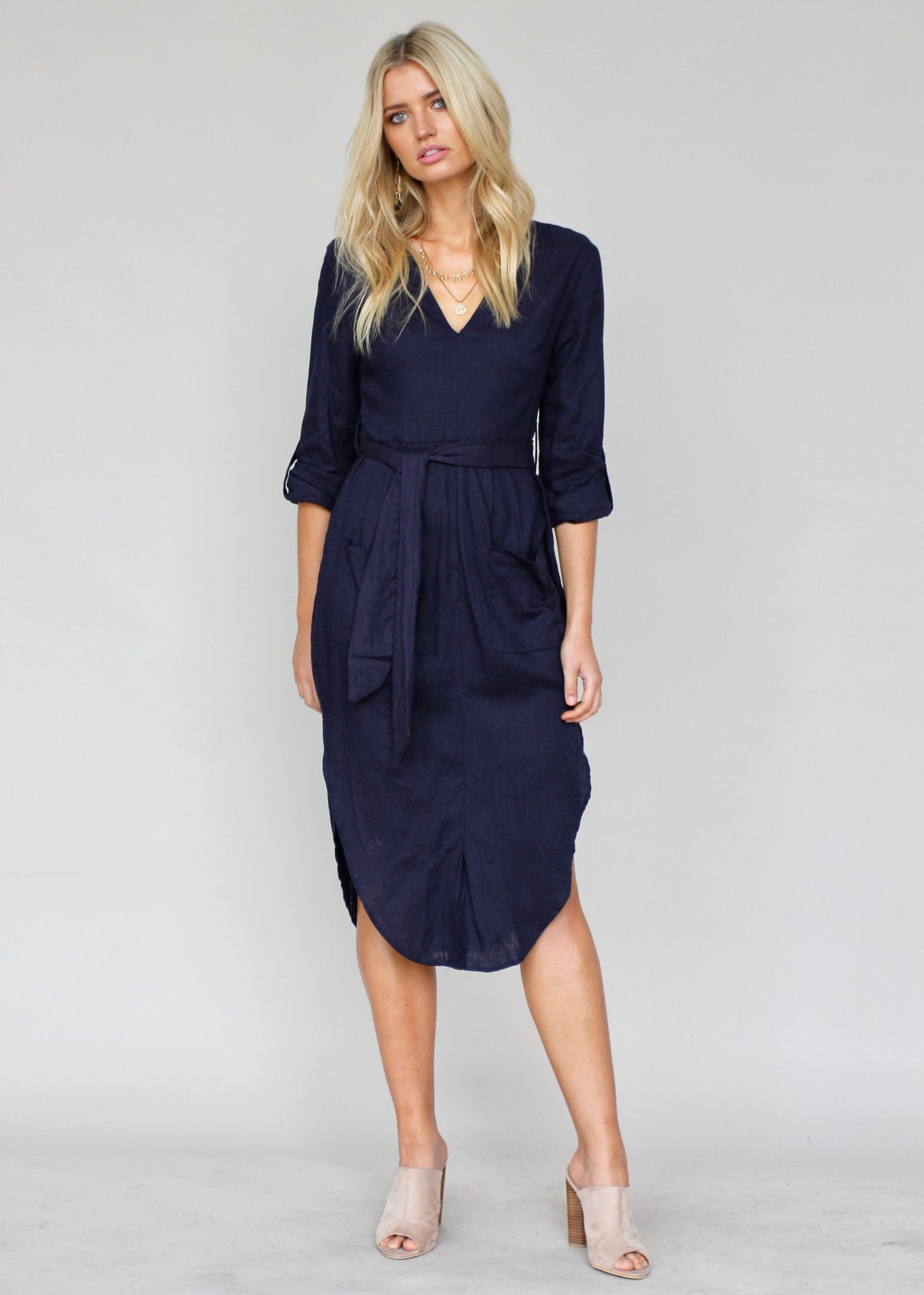 Meant For You Linen Midi Dress w/ Tie - Navy
