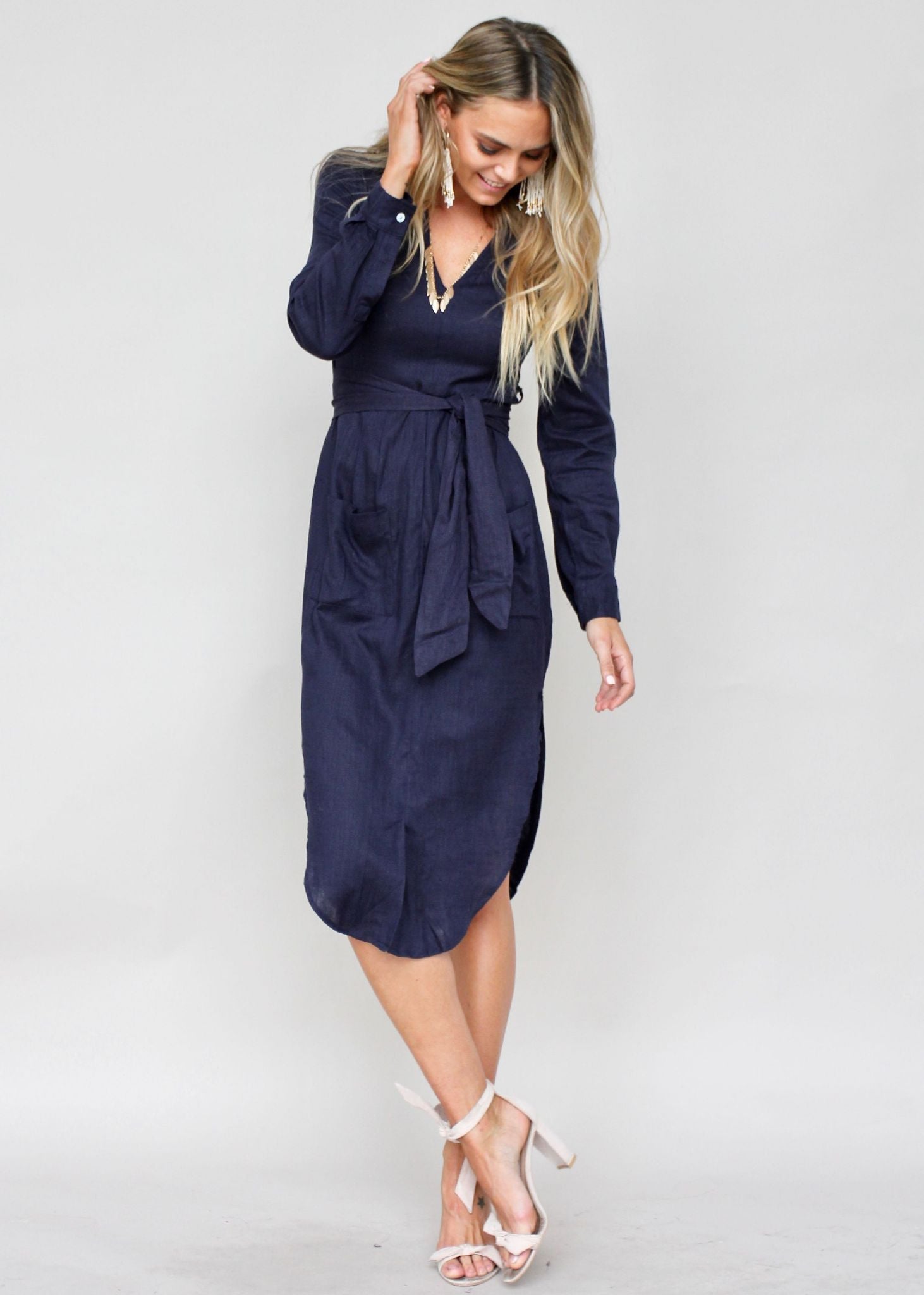 Meant For You Linen Midi Dress w/ Tie - Navy