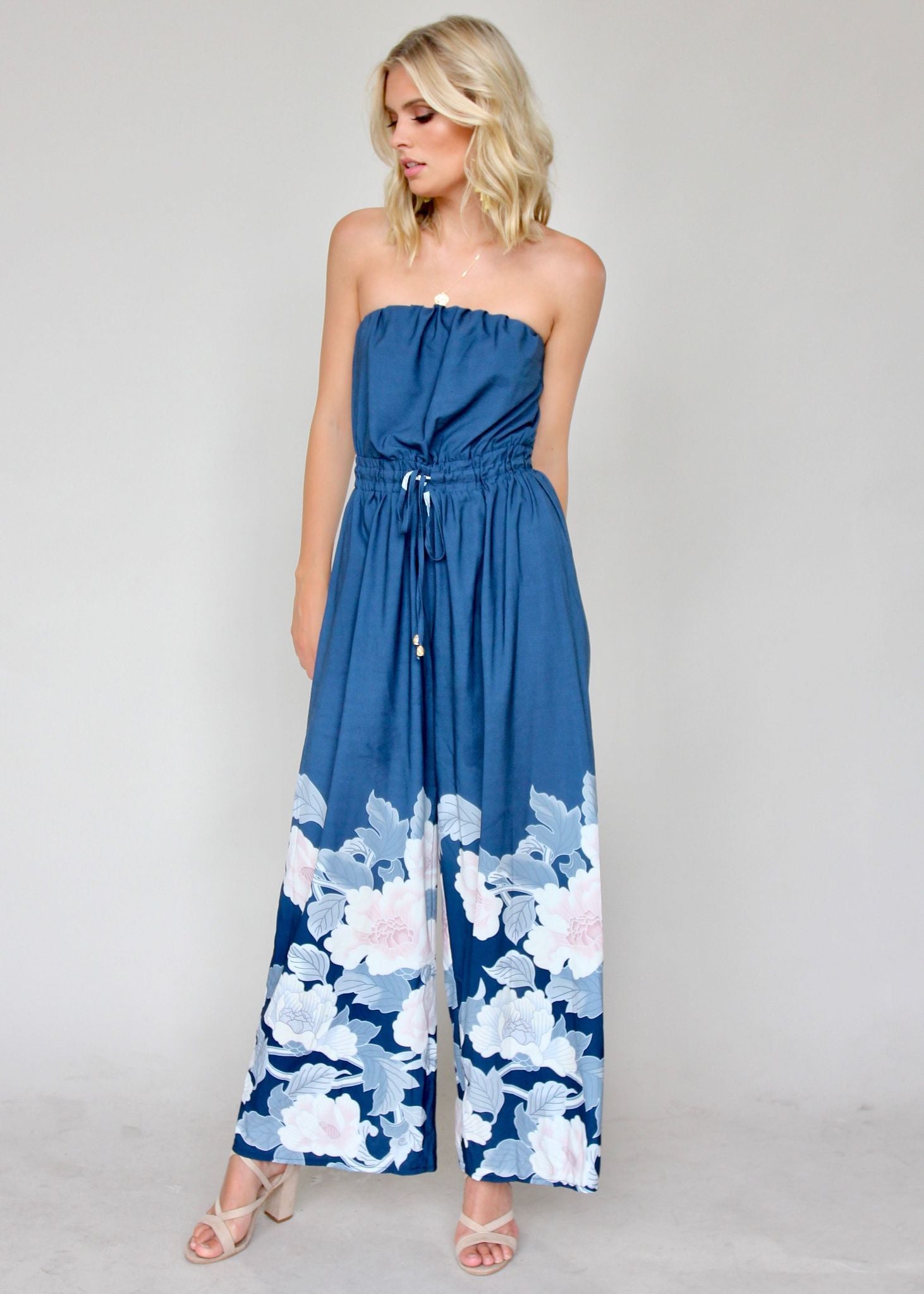 Luminous Love Strapless Pantsuit - Blue Floral