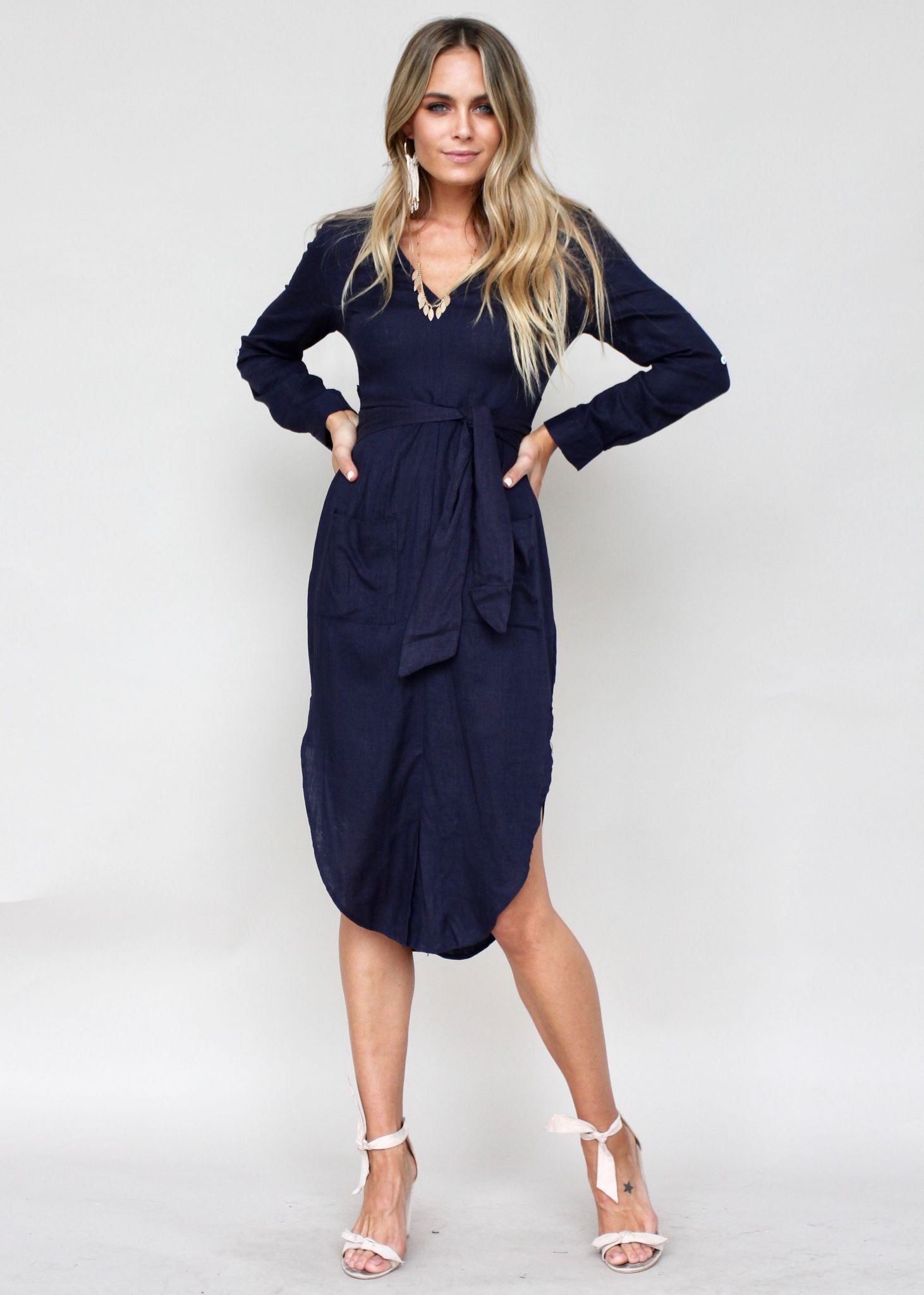 Meant For You Linen Midi Dress w/ Tie - Navy