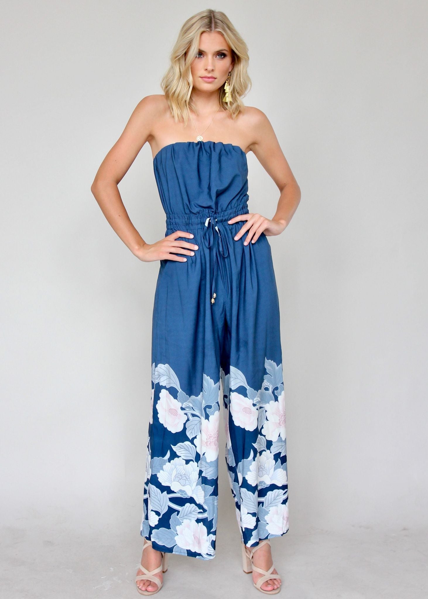 Luminous Love Strapless Pantsuit - Blue Floral