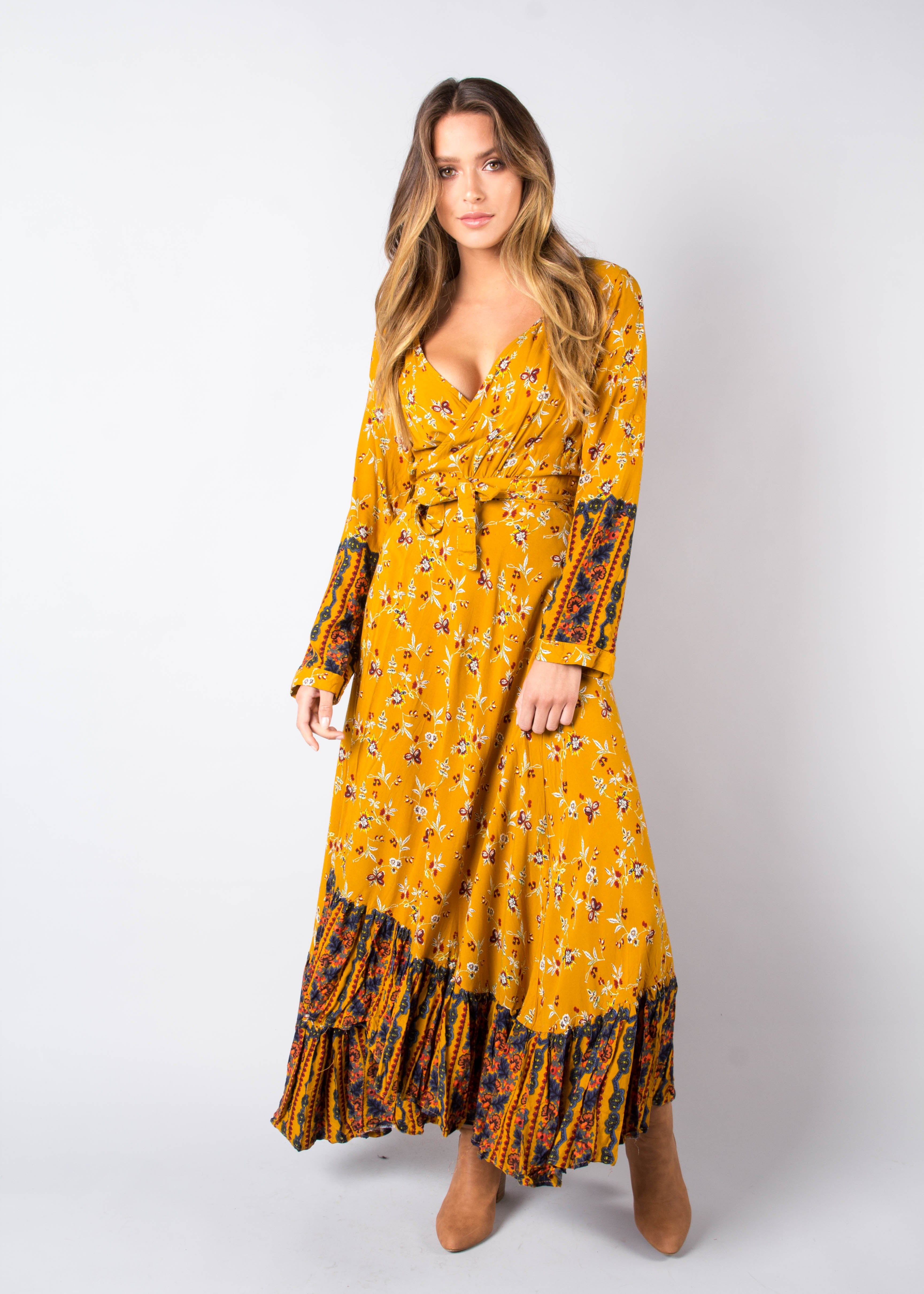 Take Me To Paradise Wrap Maxi Dress - Mustard Floral