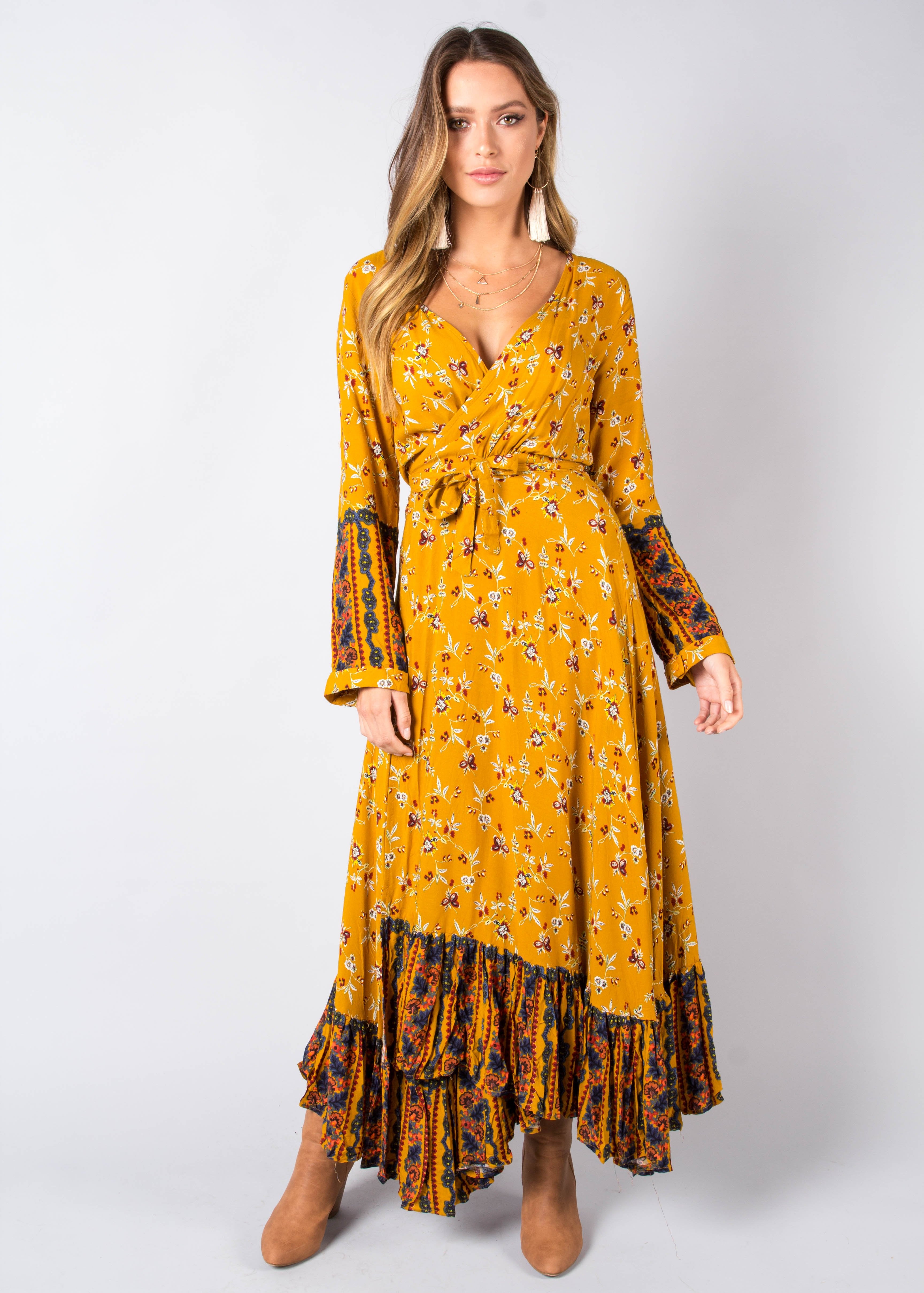 Take Me To Paradise Wrap Maxi Dress - Mustard Floral