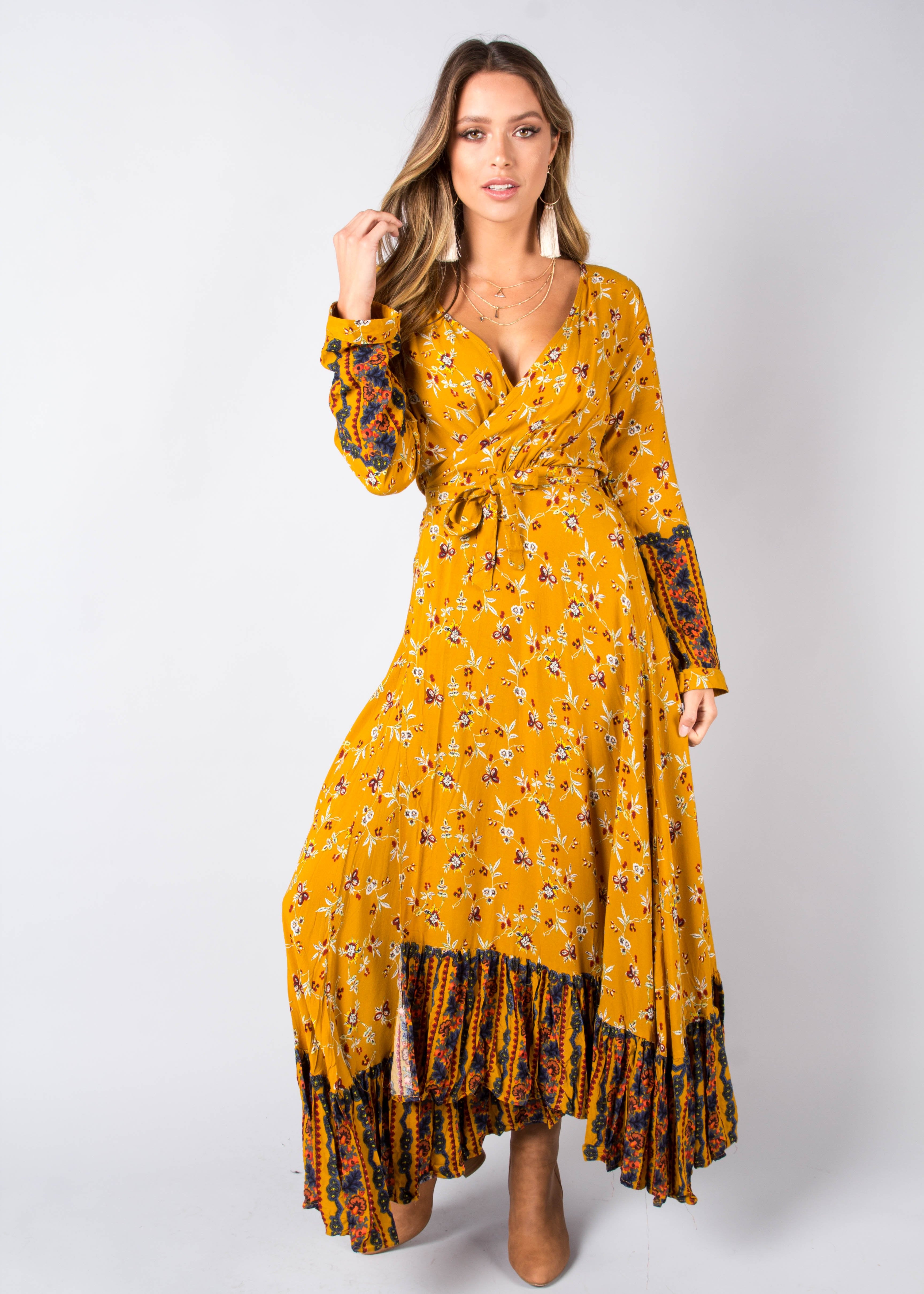 Take Me To Paradise Wrap Maxi Dress - Mustard Floral