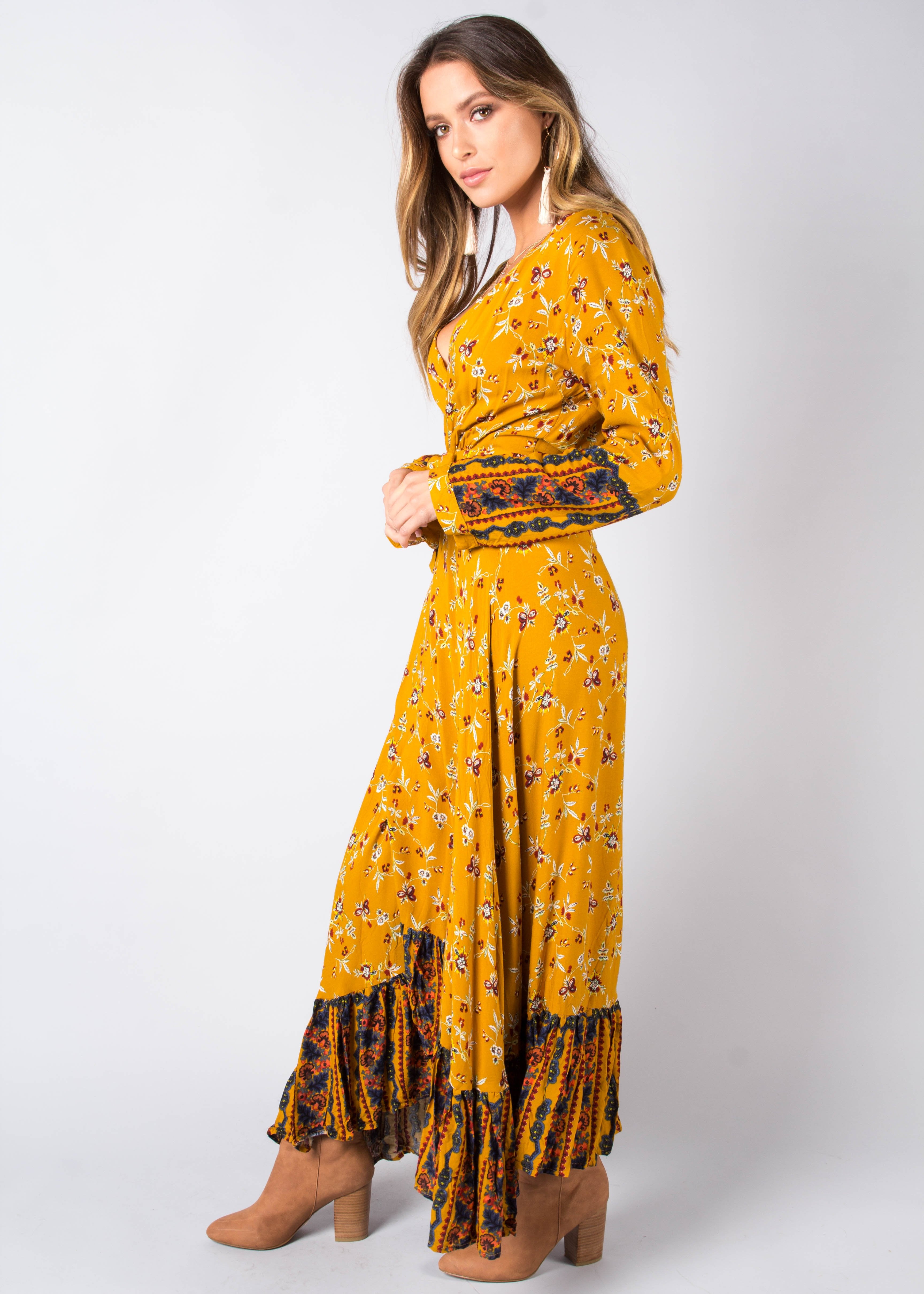 Take Me To Paradise Wrap Maxi Dress - Mustard Floral