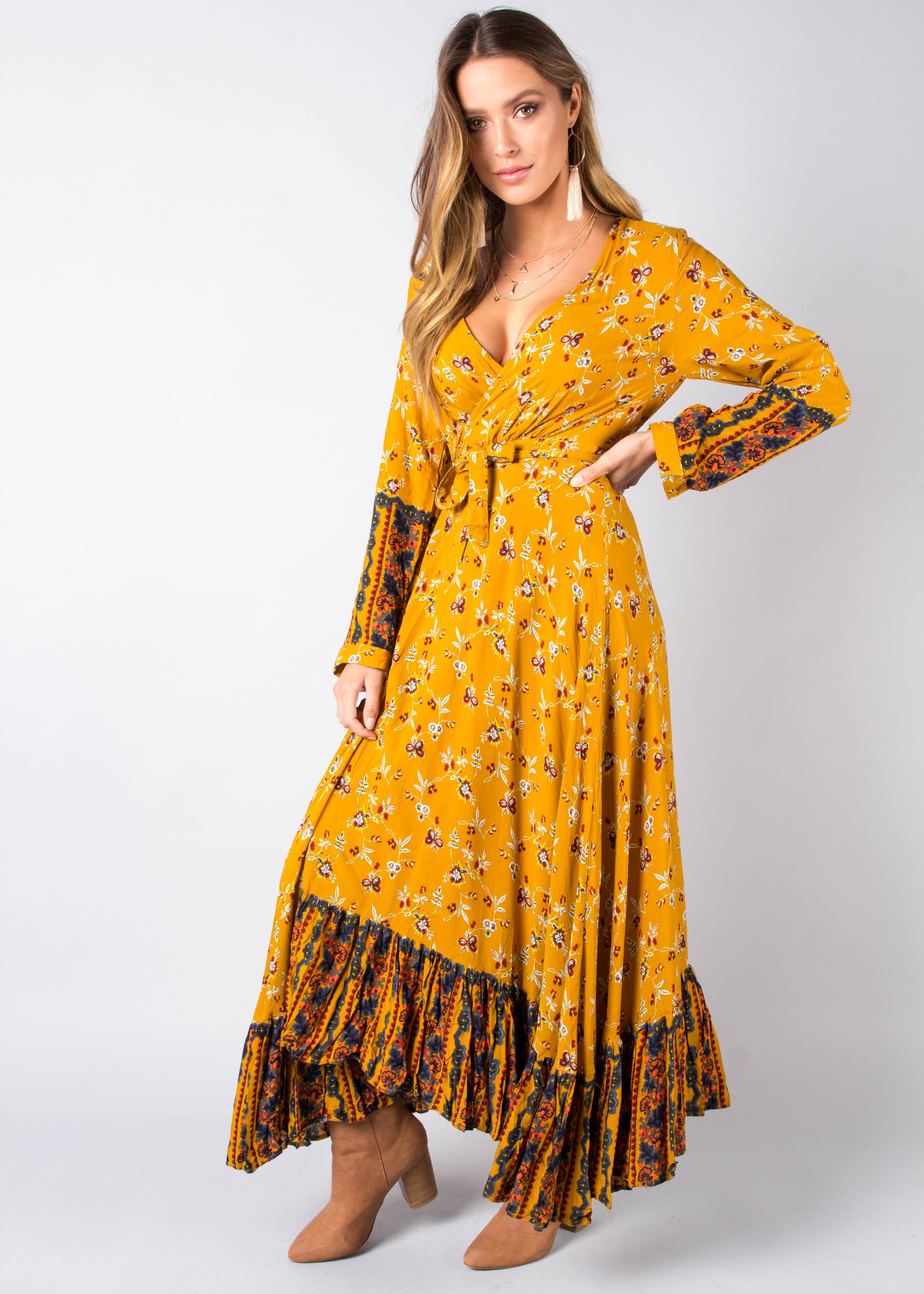 Take Me To Paradise Wrap Maxi Dress - Mustard Floral