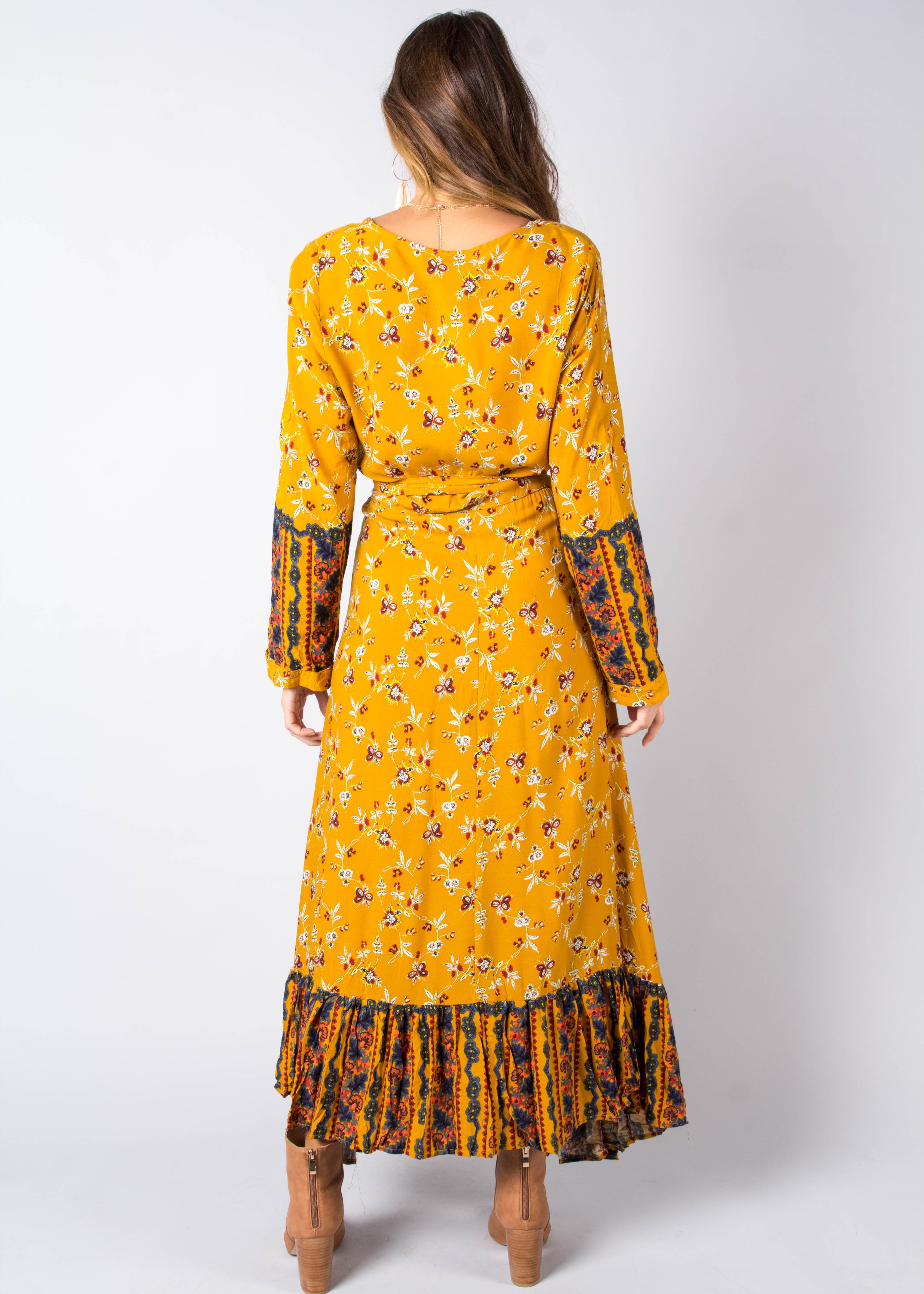 Take Me To Paradise Wrap Maxi Dress - Mustard Floral