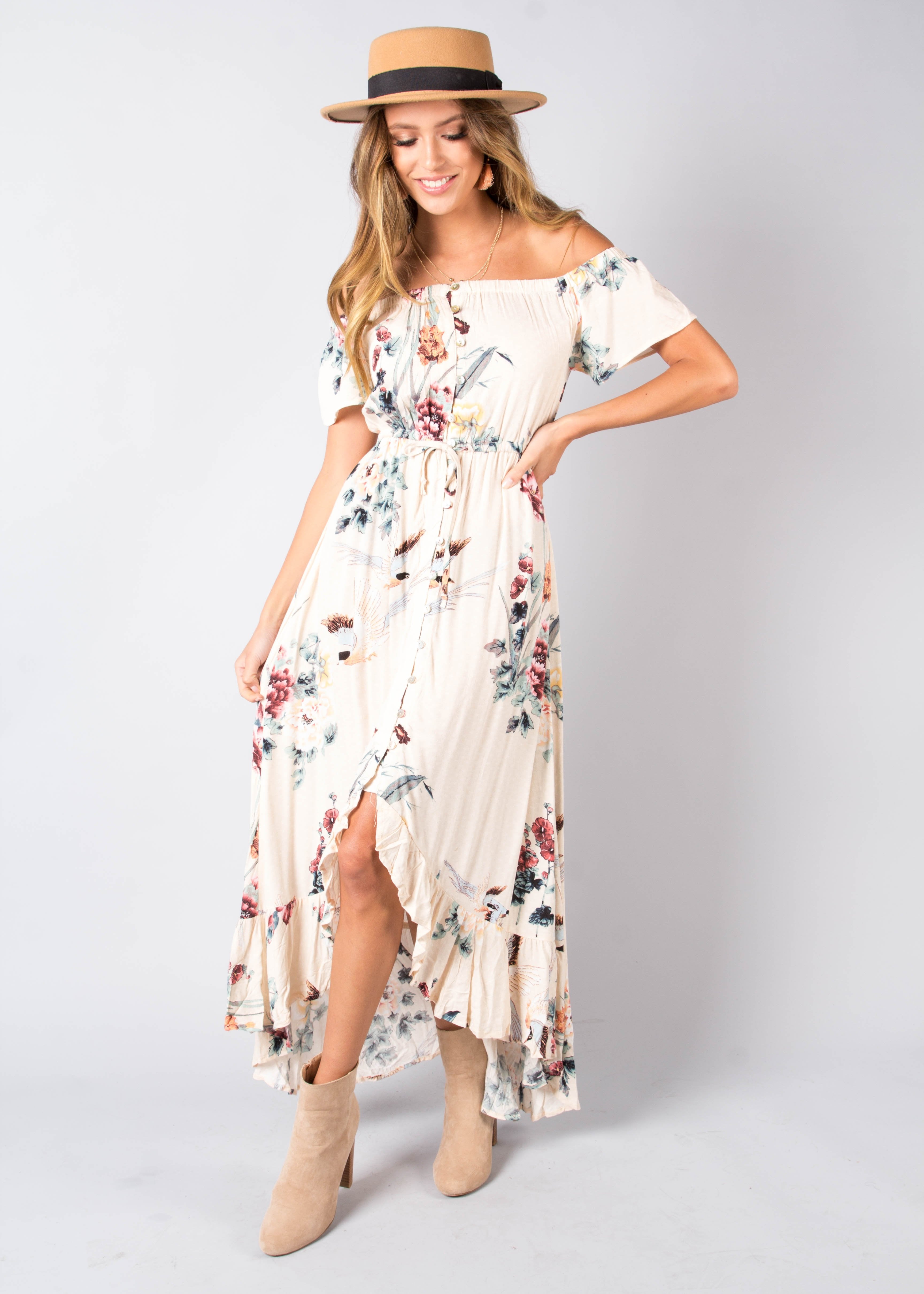 Sweet Summer Off Shoulder Midi Dress - Peony