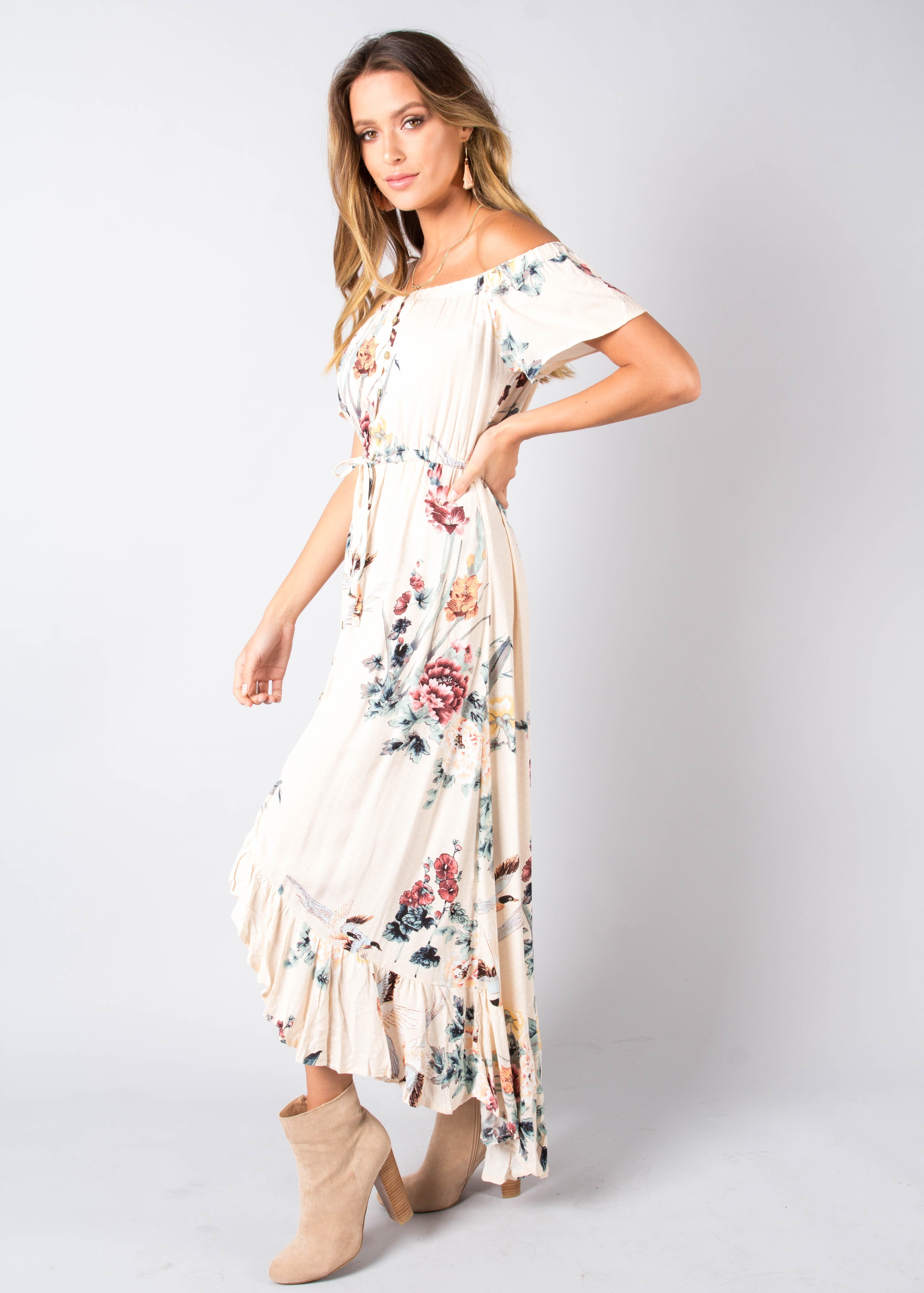 Sweet Summer Off Shoulder Midi Dress - Peony
