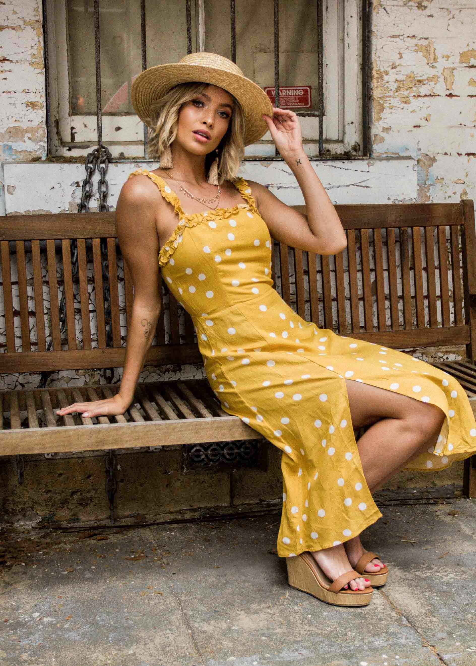 Katia Midi Dress - Mustard Polka
