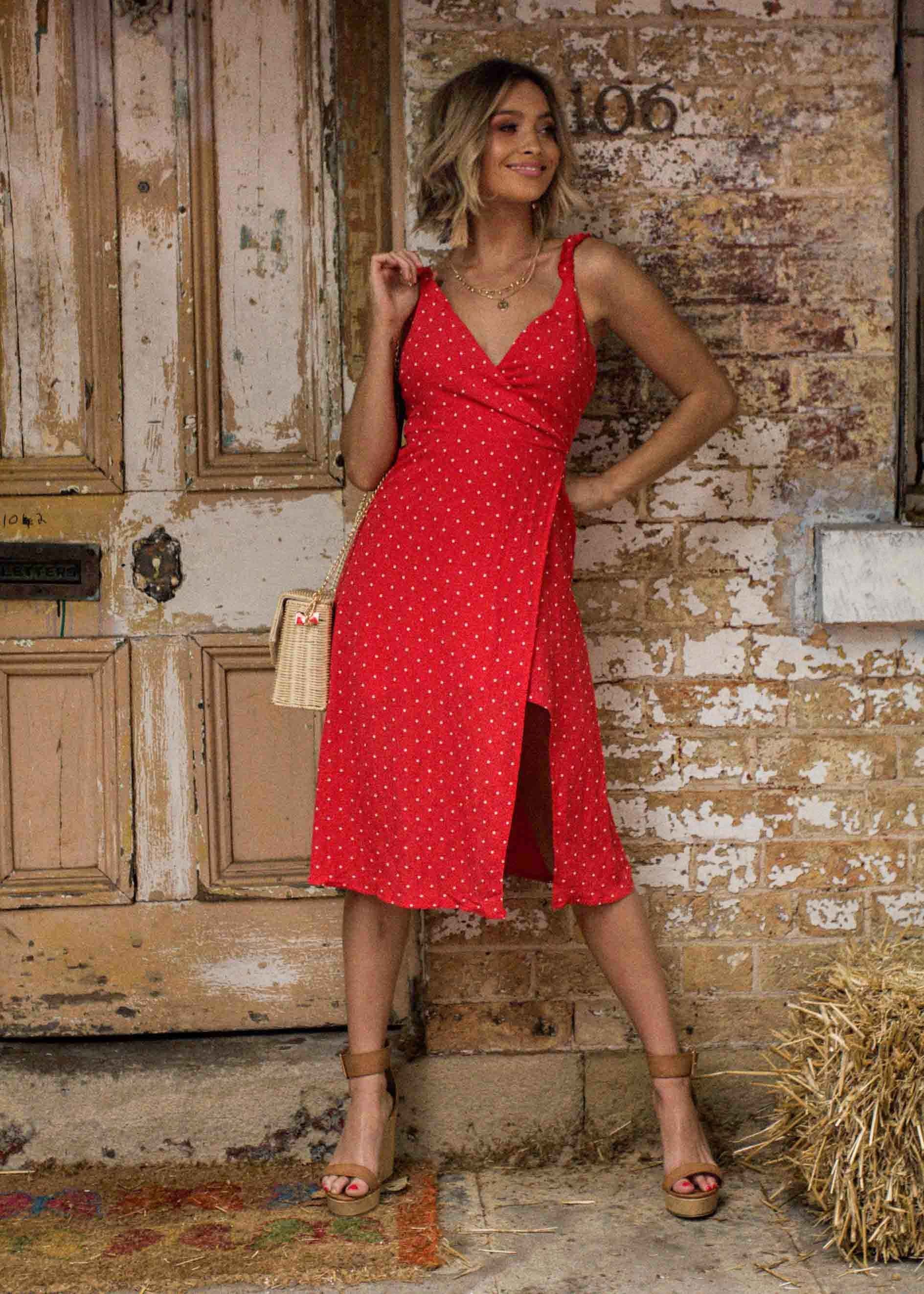 Hollie Wrap Midi Dress - Red Polka