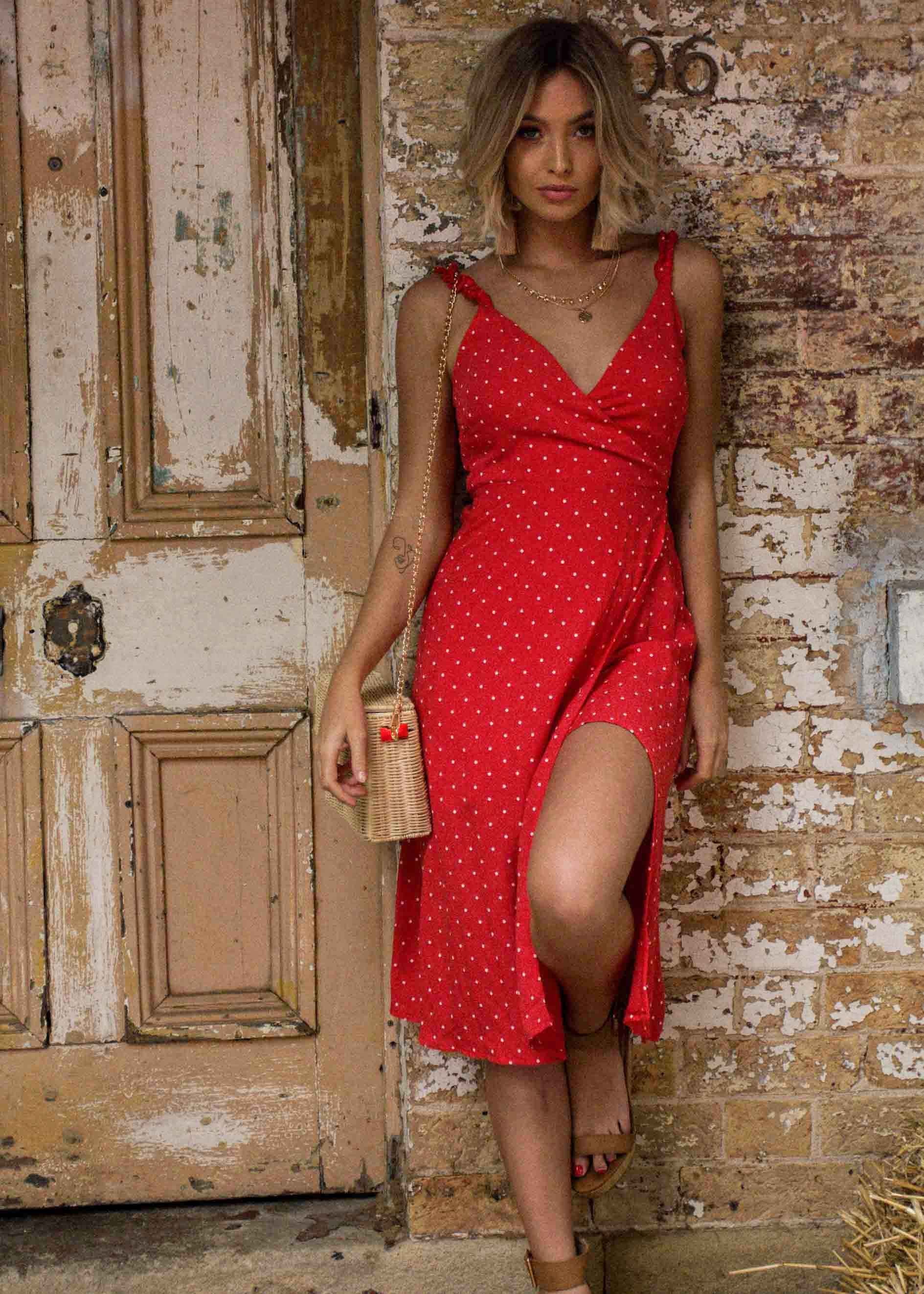 Hollie Wrap Midi Dress - Red Polka