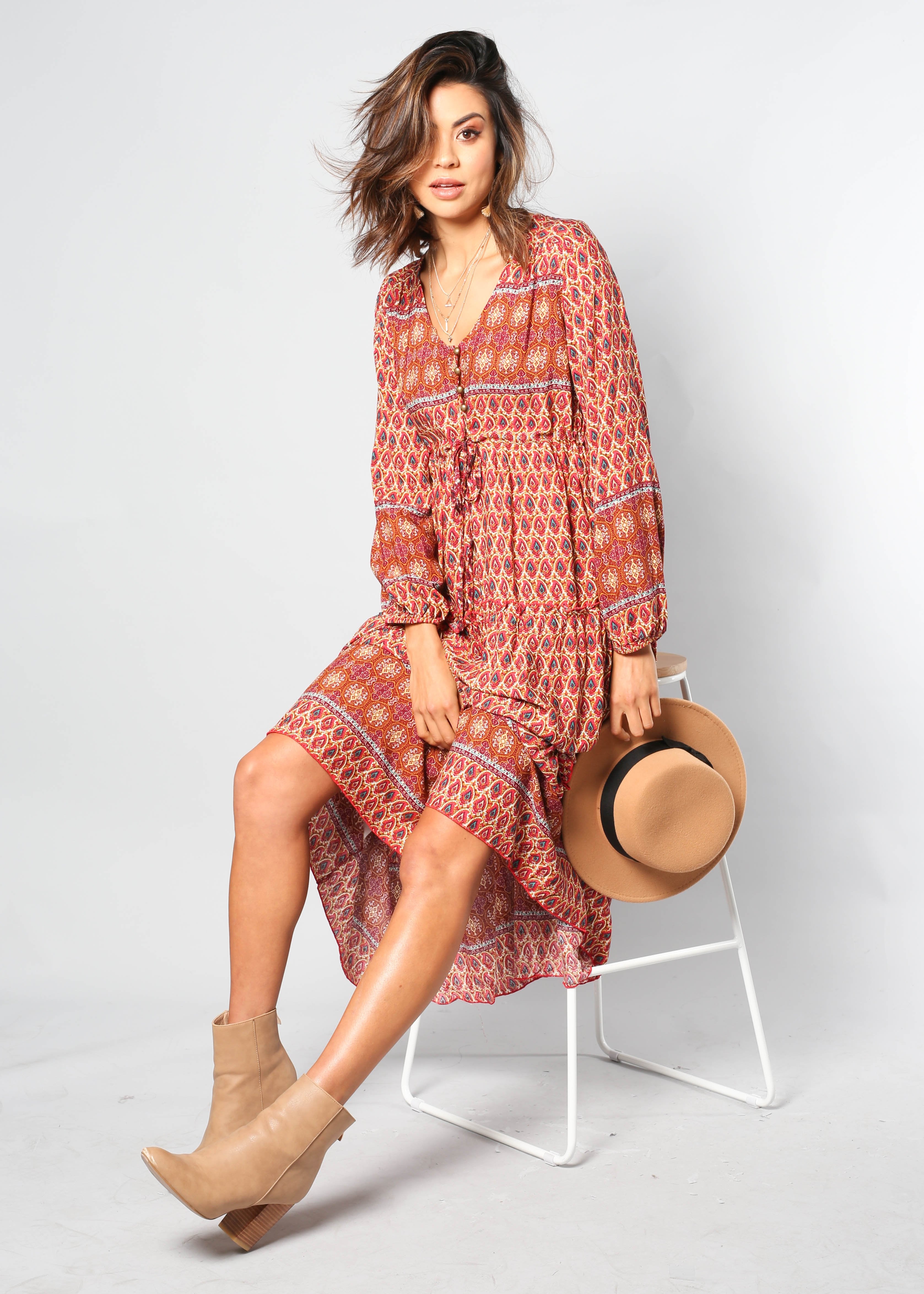 Call It Love Midi Dress - Red Multi