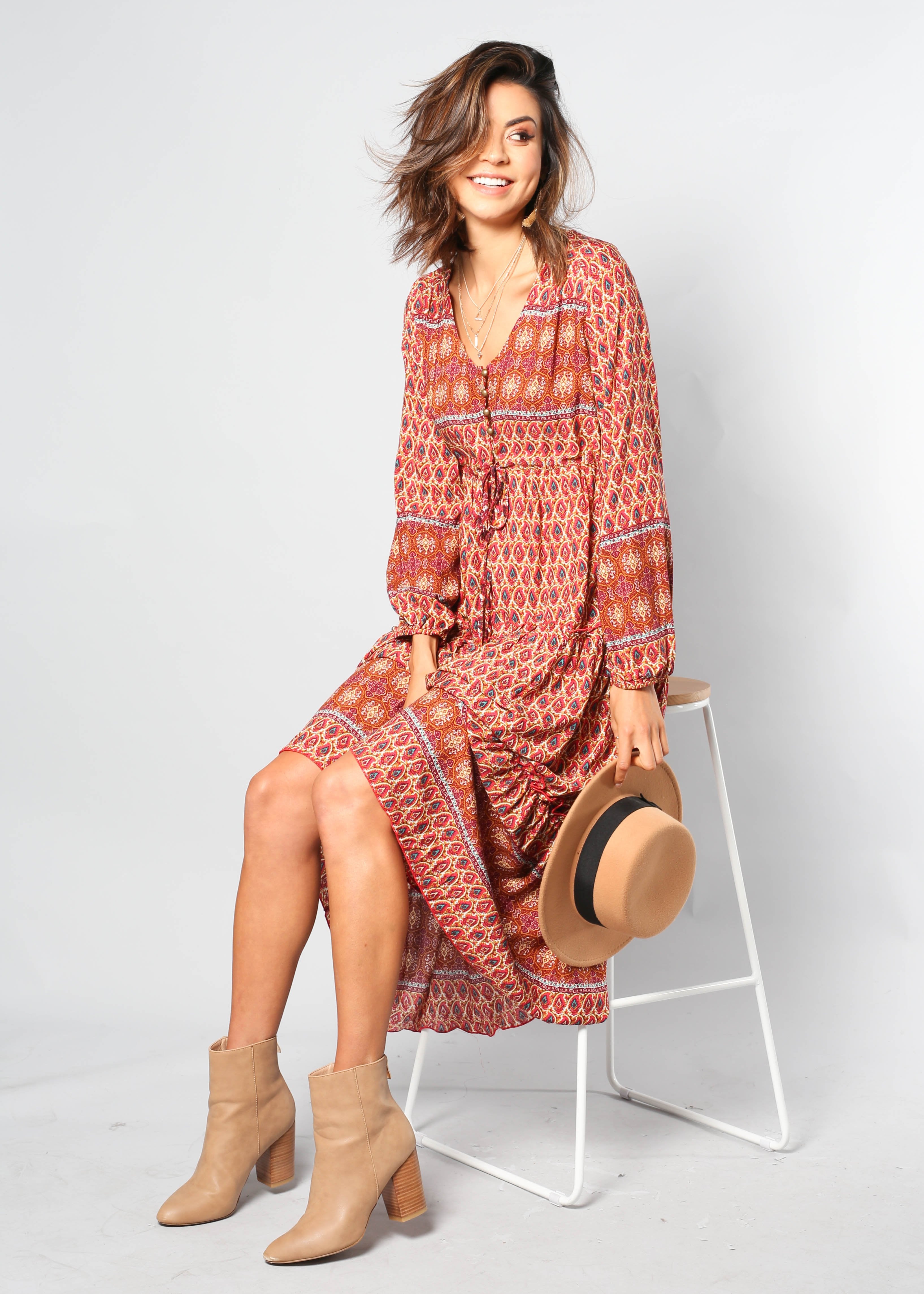 Call It Love Midi Dress - Red Multi