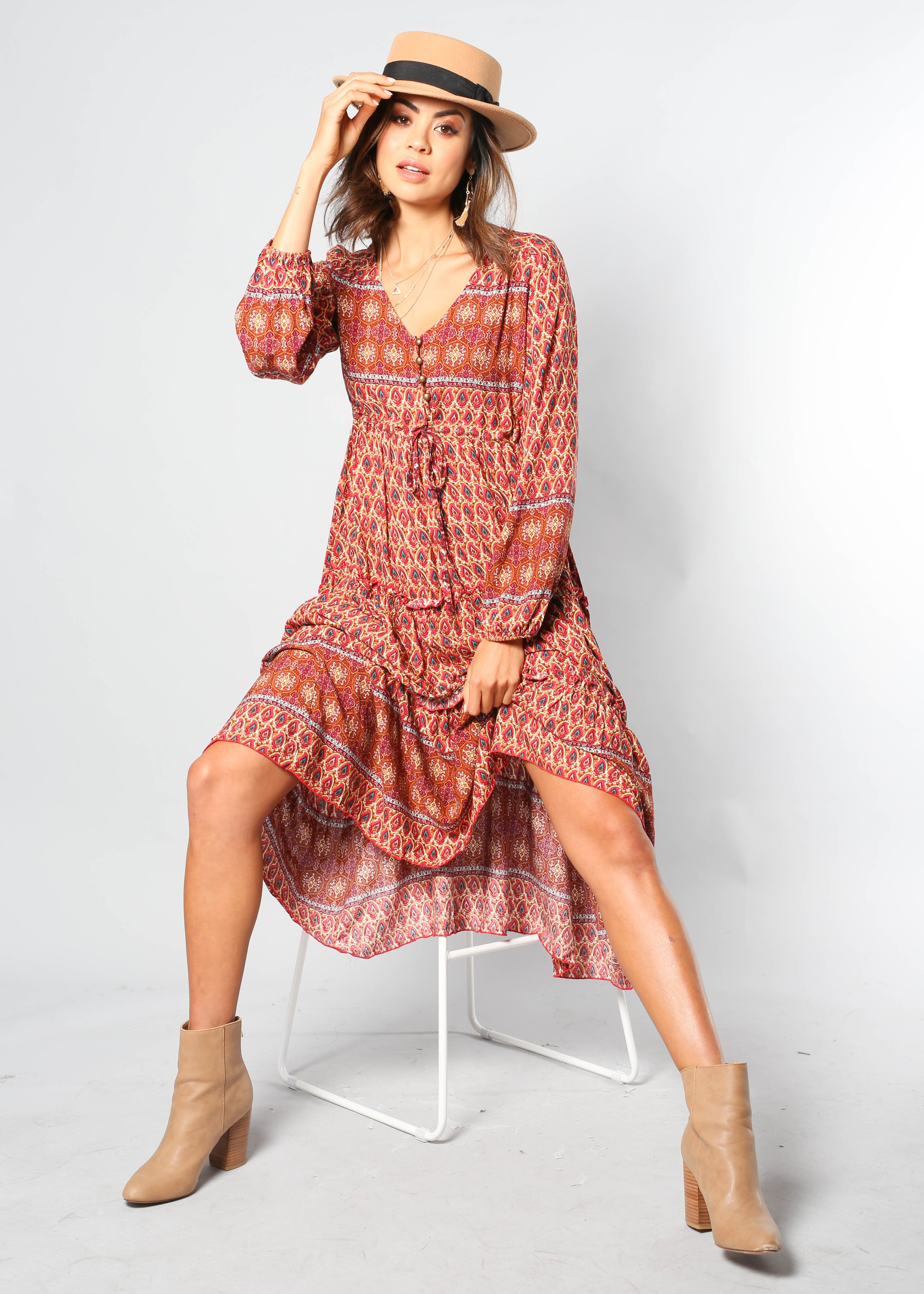 Call It Love Midi Dress - Red Multi
