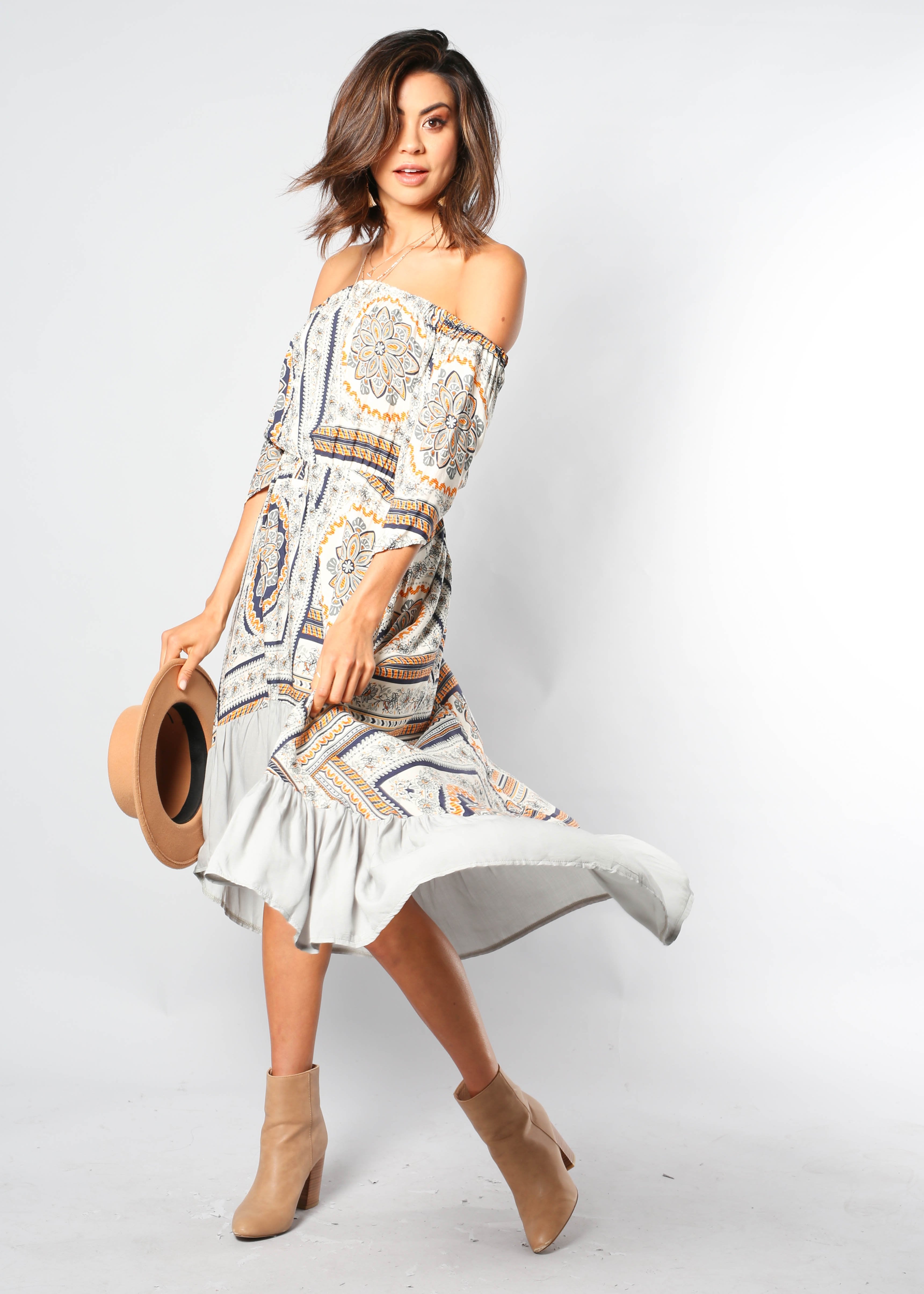 Clumsy Love Off Shoulder Midi Dress - Spring Floral