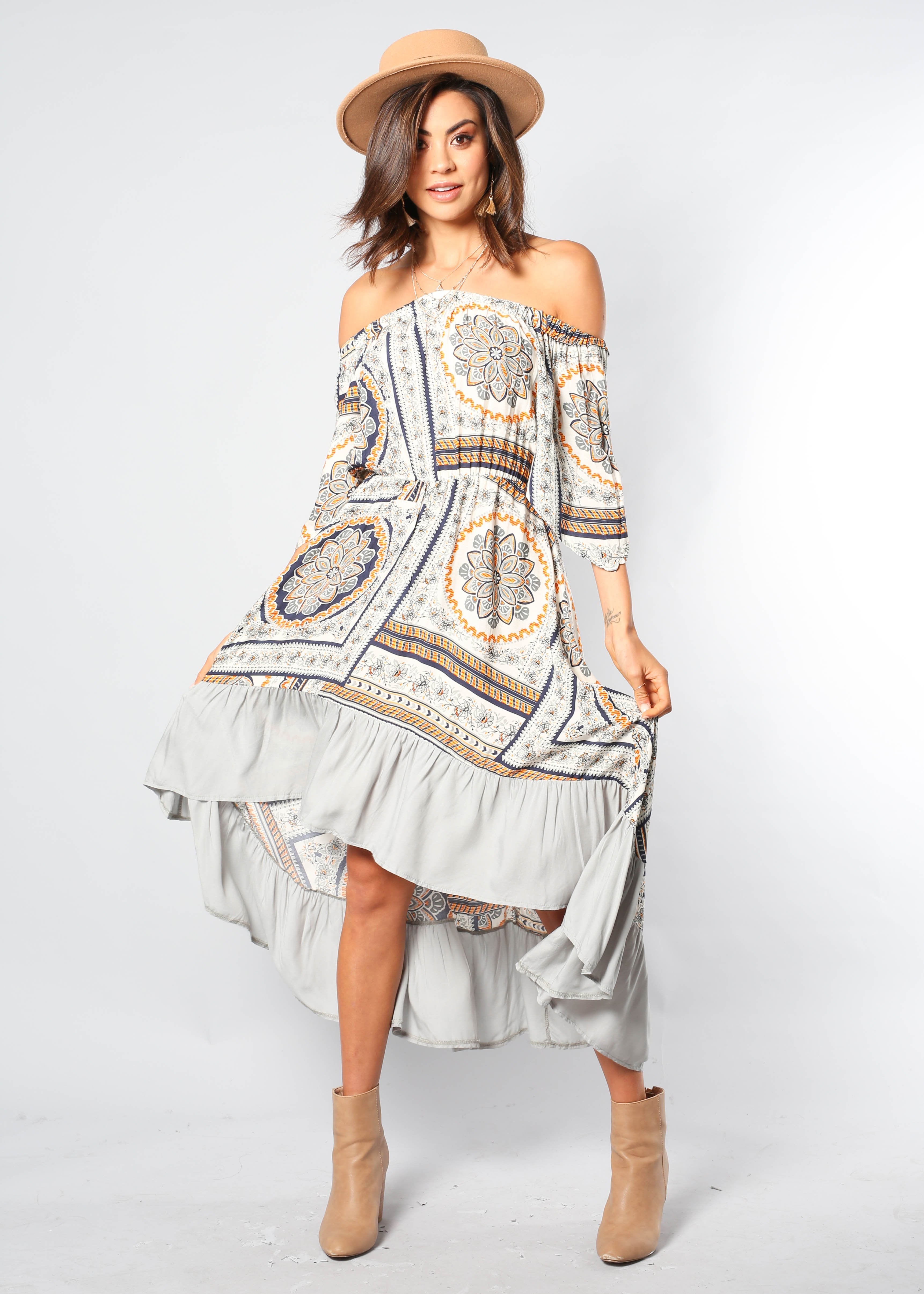 Clumsy Love Off Shoulder Midi Dress - Spring Floral