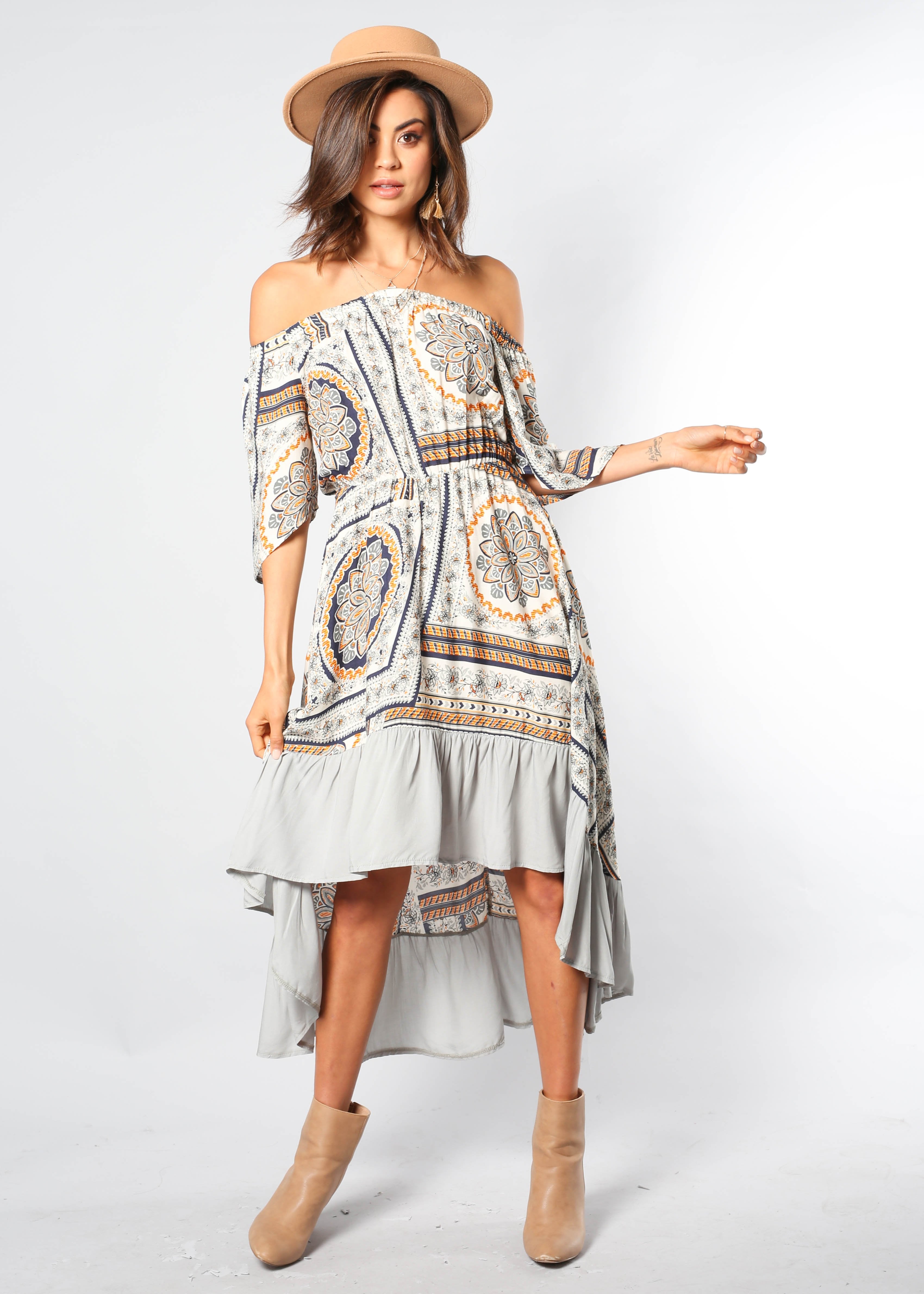 Clumsy Love Off Shoulder Midi Dress - Spring Floral