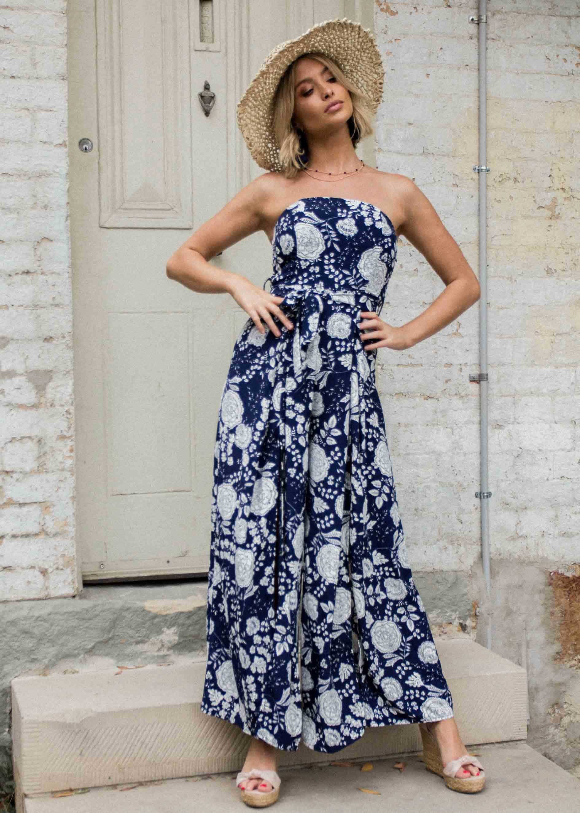 Guilt Free Strapless Pantsuit - Navy/White Floral