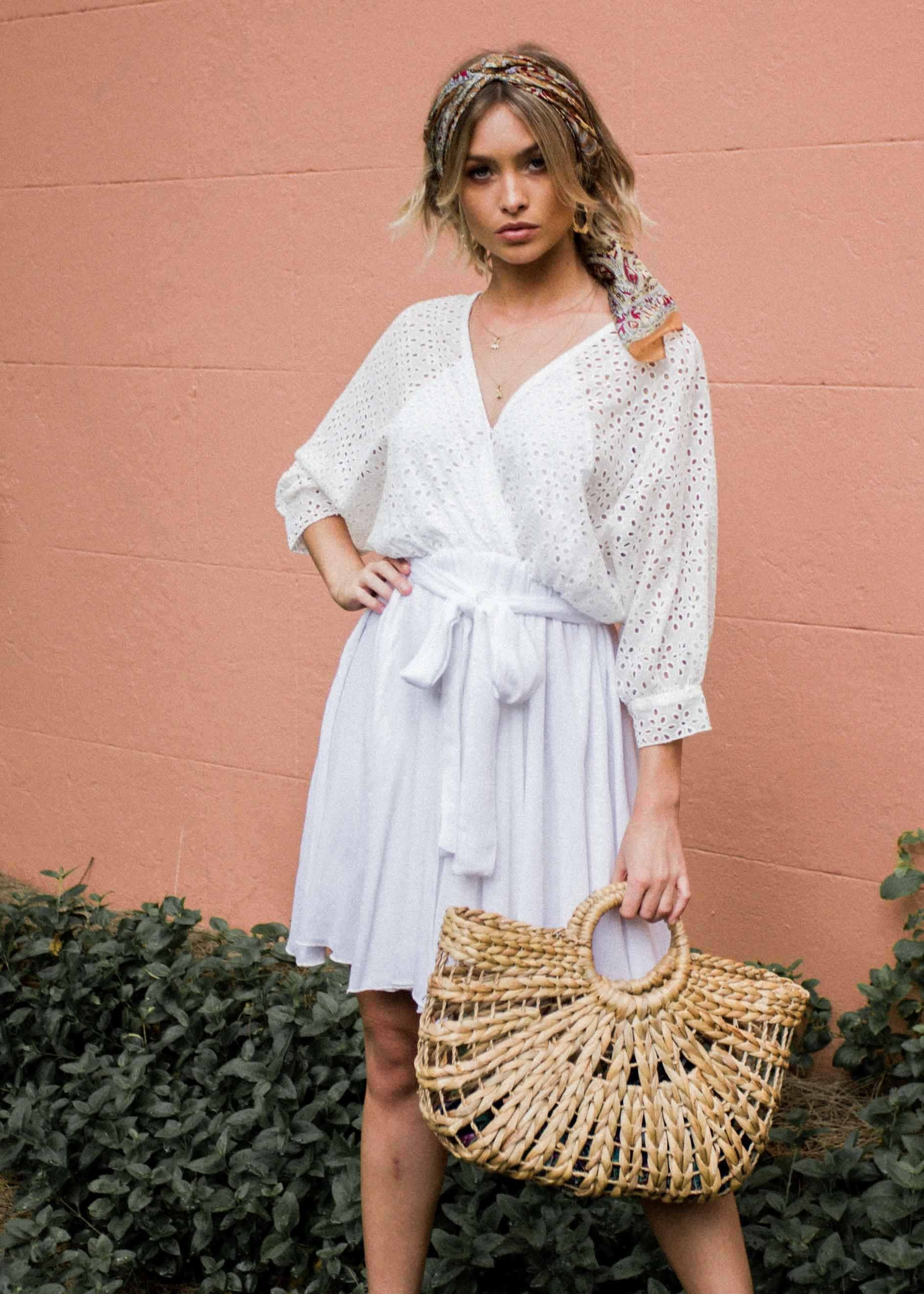 Liana Embroidered Swing Dress w/ Tie - White