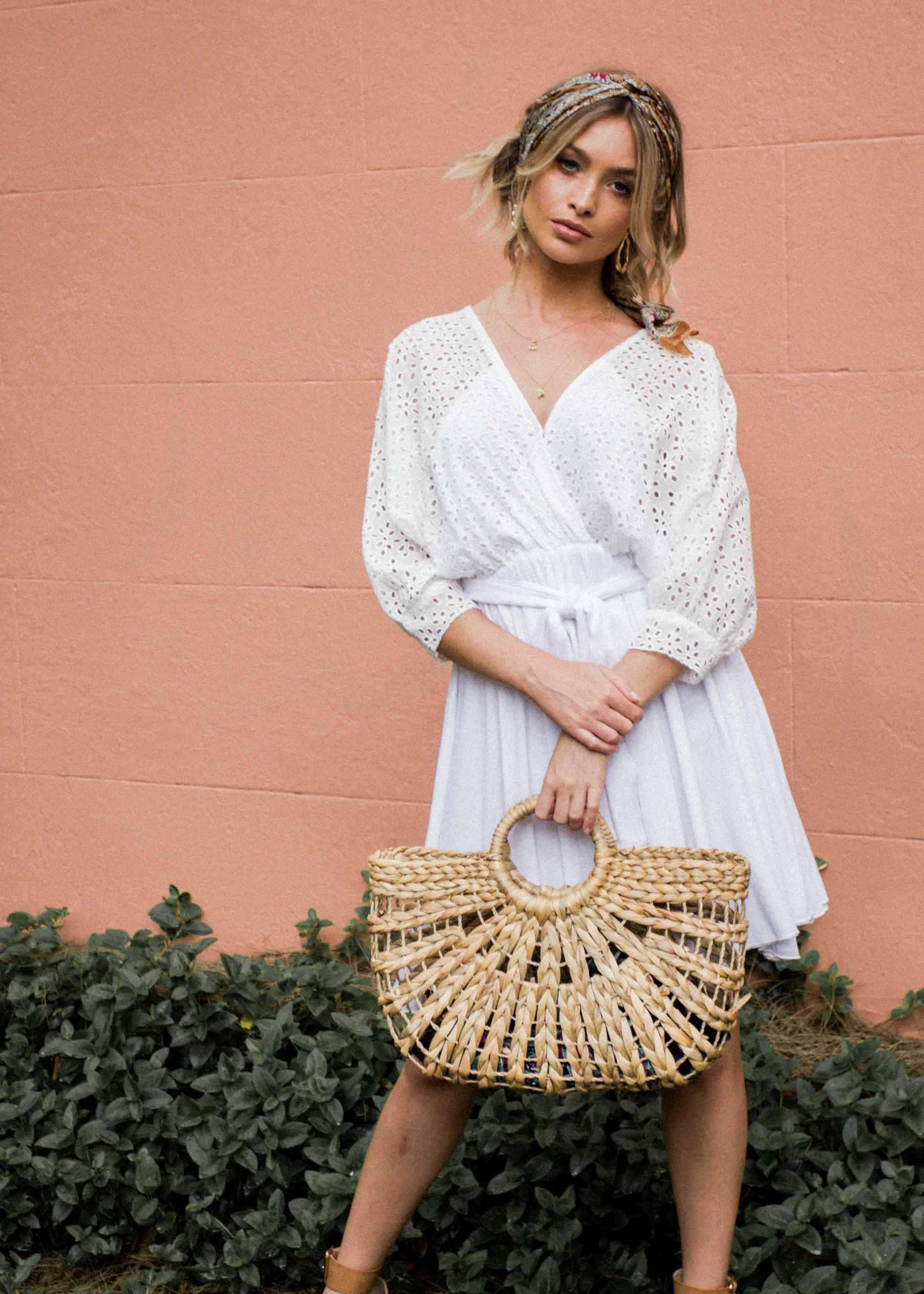Liana Embroidered Swing Dress w/ Tie - White